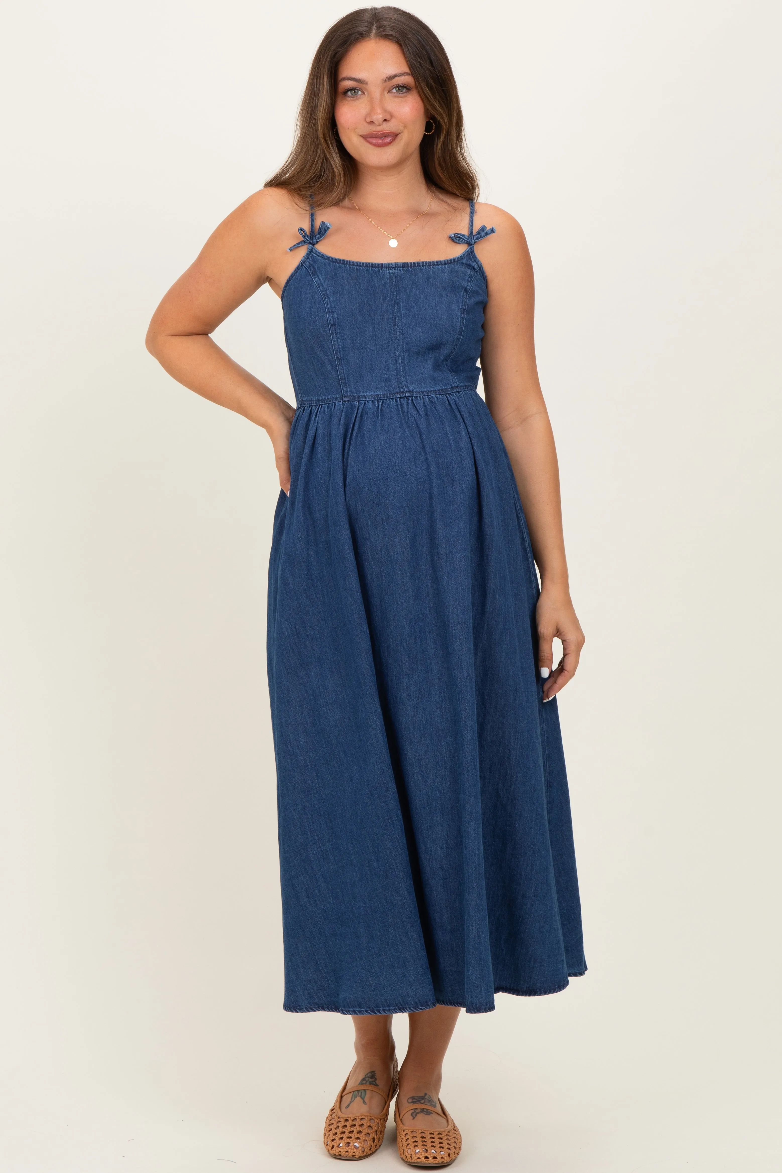 Denim Blue Bow Accent Strap Maternity Midi Dress sold by Pinkblush product image thumbnail 2