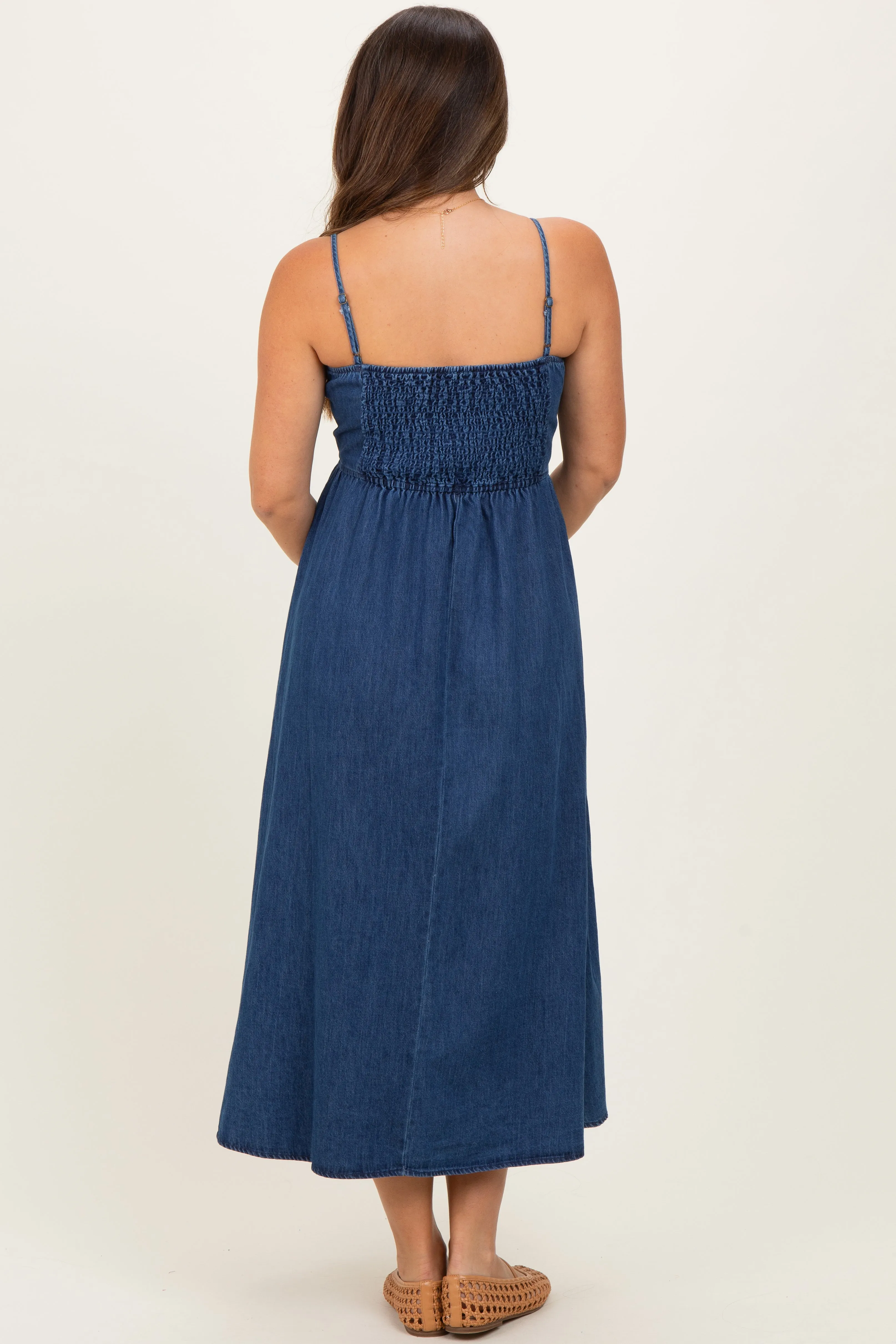 Denim Blue Bow Accent Strap Maternity Midi Dress sold by Pinkblush product image thumbnail 4