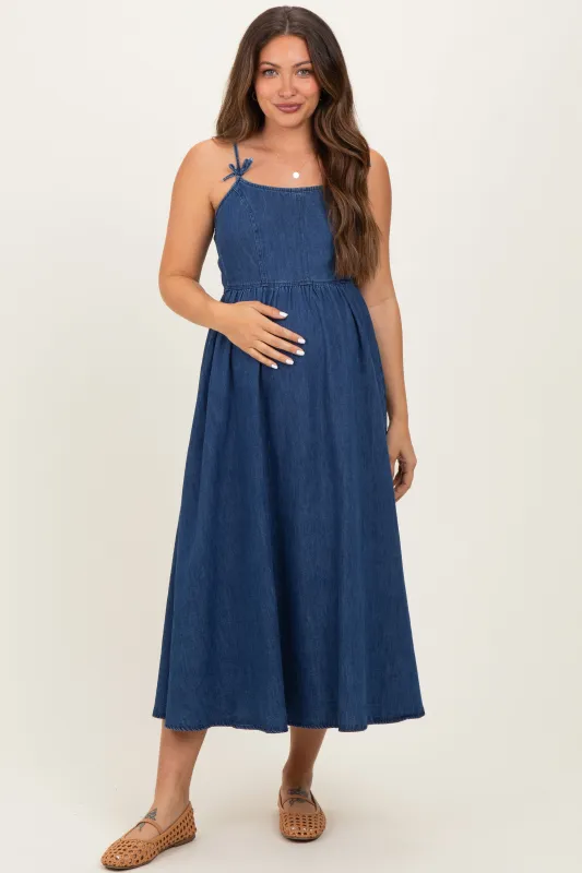 Denim Blue Bow Accent Strap Maternity Midi Dress made by Blu Pepper