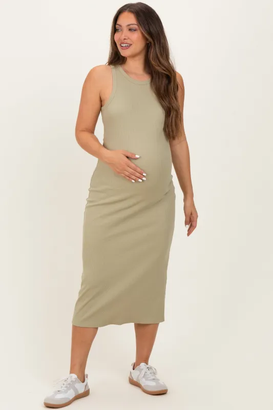 Light Olive Ribbed Maternity Tank Midi Dress sold by Pinkblush