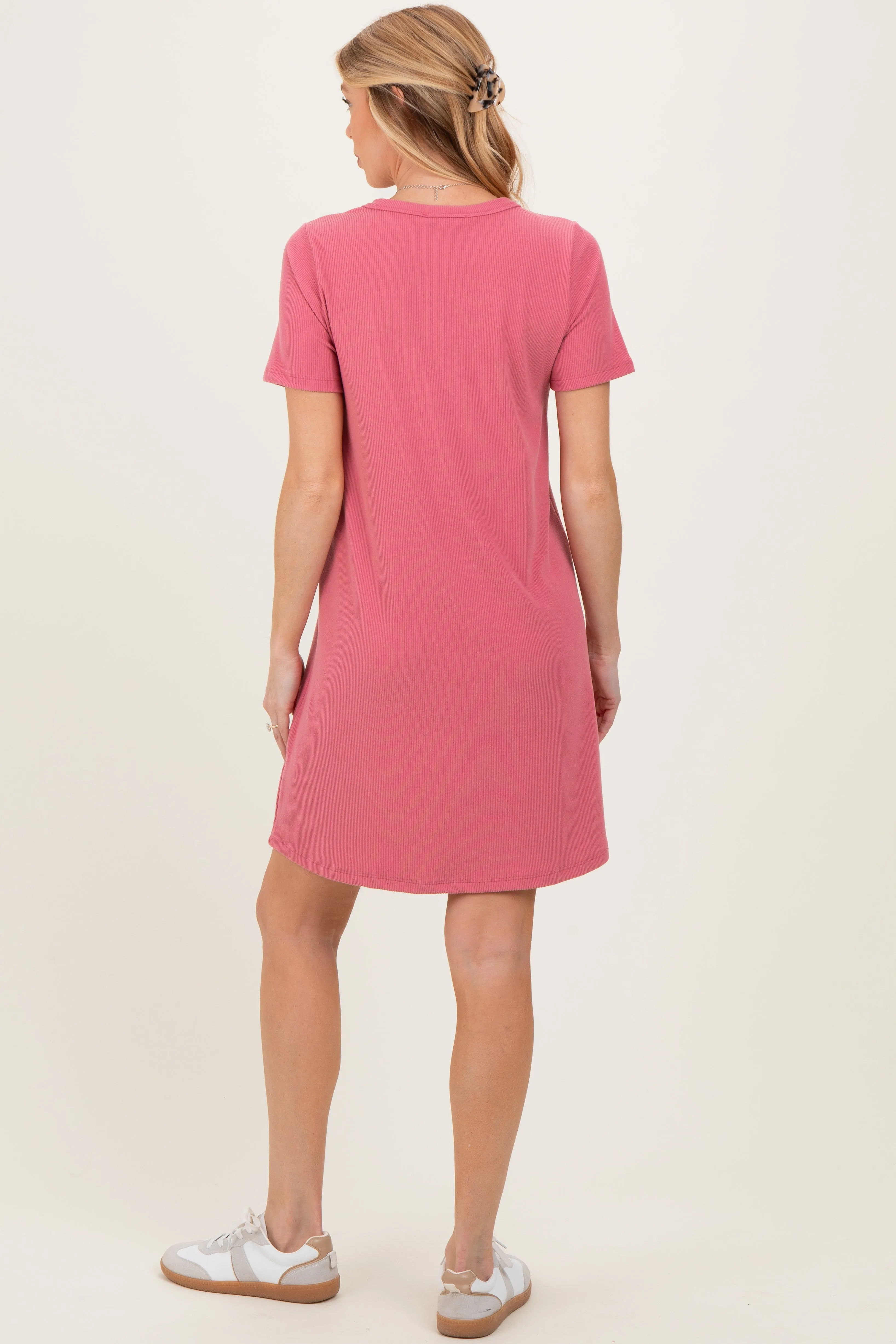 Pink Ribbed Knit Basic Short Sleeve Maternity T-Shirt Dress sold by Pinkblush product image thumbnail 3