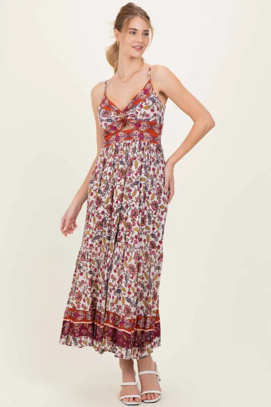 Cream Floral Twist Front Cutout Maxi Dress sold by Pinkblush