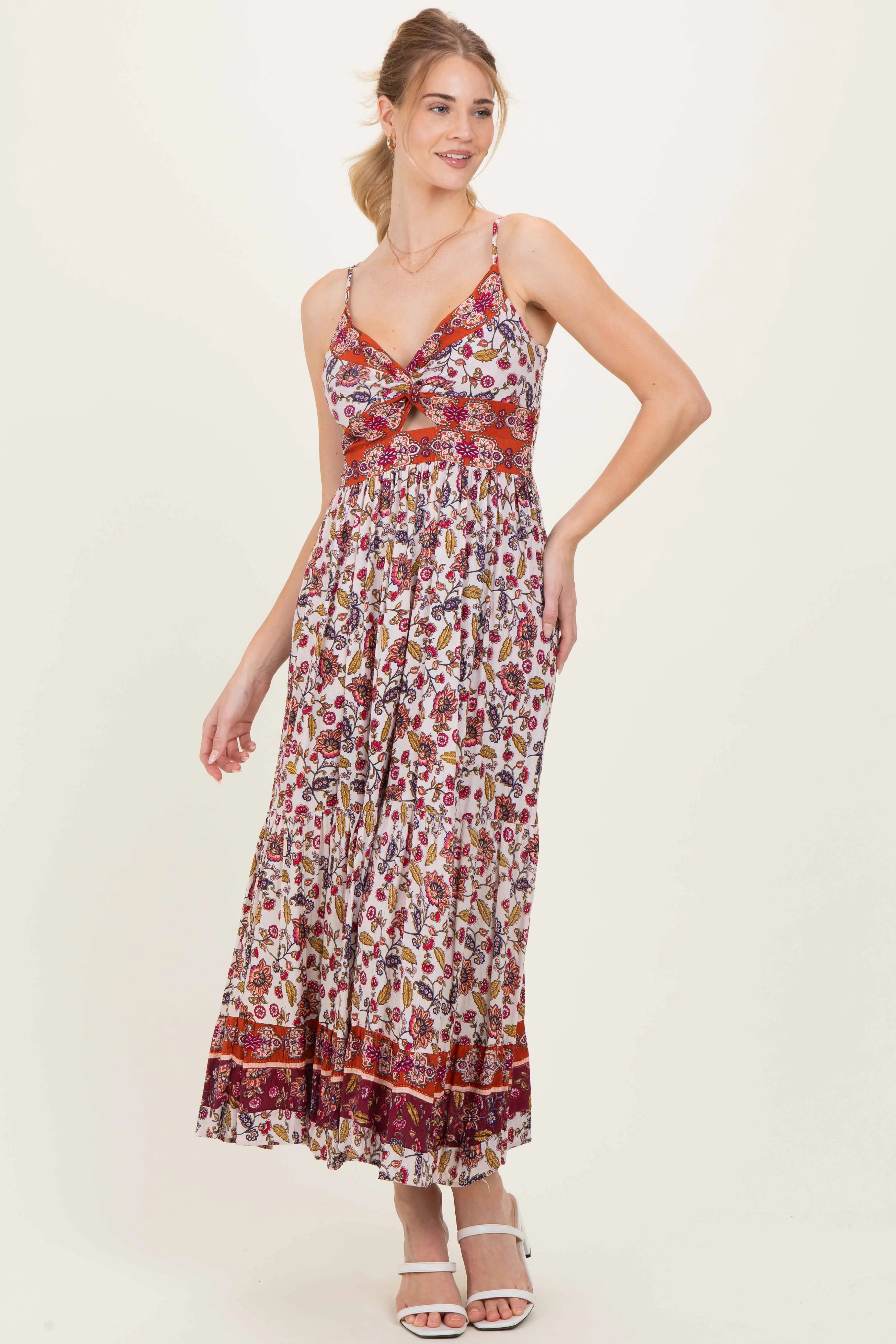 Cream Floral Twist Front Cutout Maxi Dress sold by Pinkblush