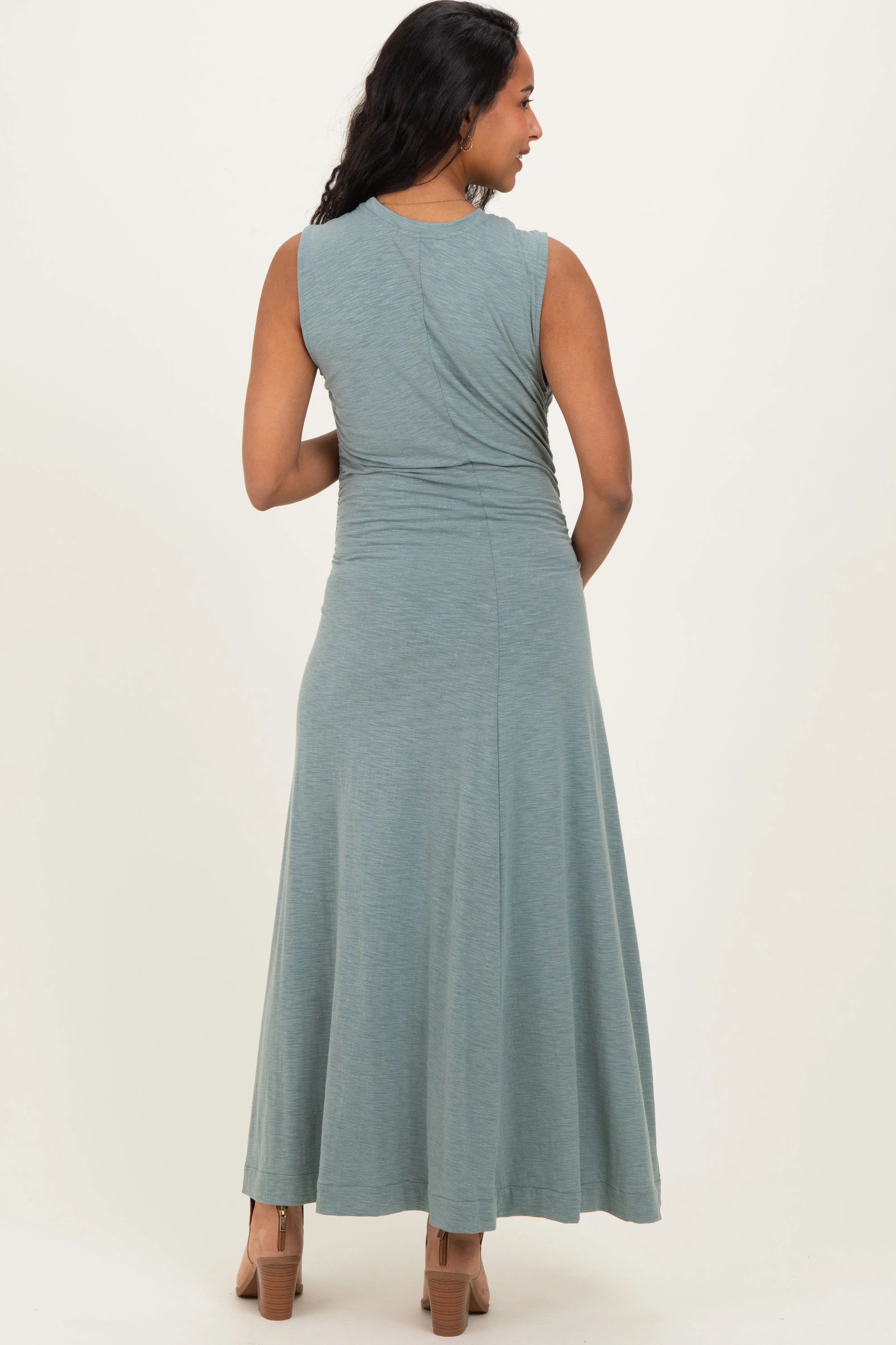 Sage Side Slit Ruched Sleeveless Maternity Midi Dress sold by Pinkblush product image thumbnail 3