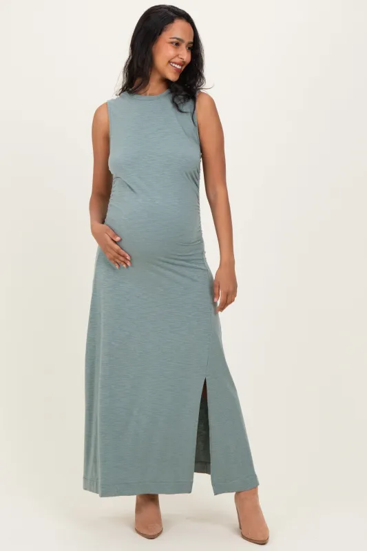 Sage Side Slit Ruched Sleeveless Maternity Midi Dress sold by Pinkblush