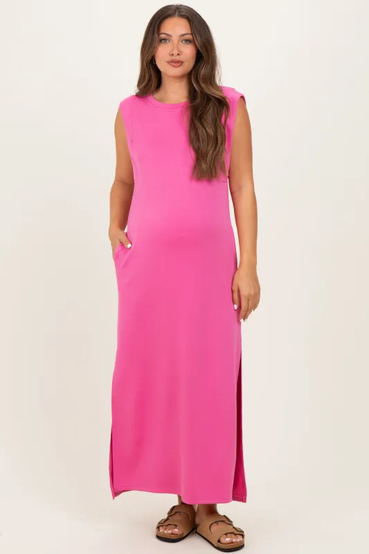 Pink Sleeveless Side Slit Maternity Midi Dress sold by Pinkblush