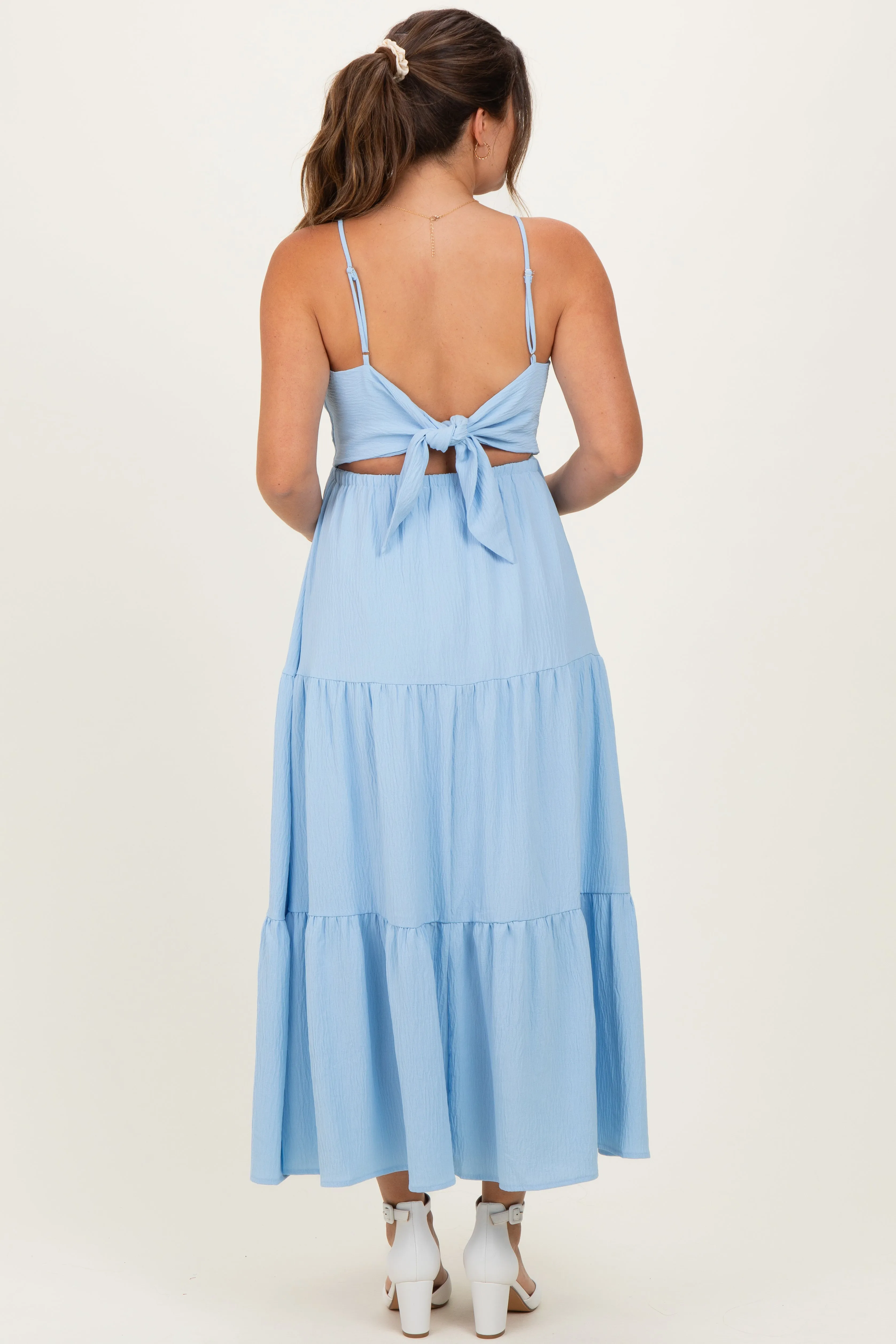 Light Blue Tiered Cutout Tie Back Maternity Midi Dress sold by Pinkblush product image thumbnail 4