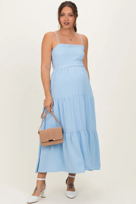 Light Blue Tiered Cutout Tie Back Maternity Midi Dress made by Lovely Day