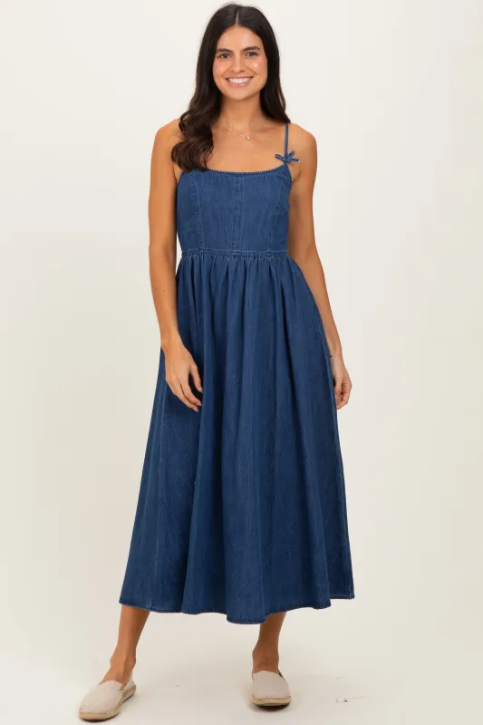 Denim Blue Bow Accent Strap Midi Dress made by Blu Pepper