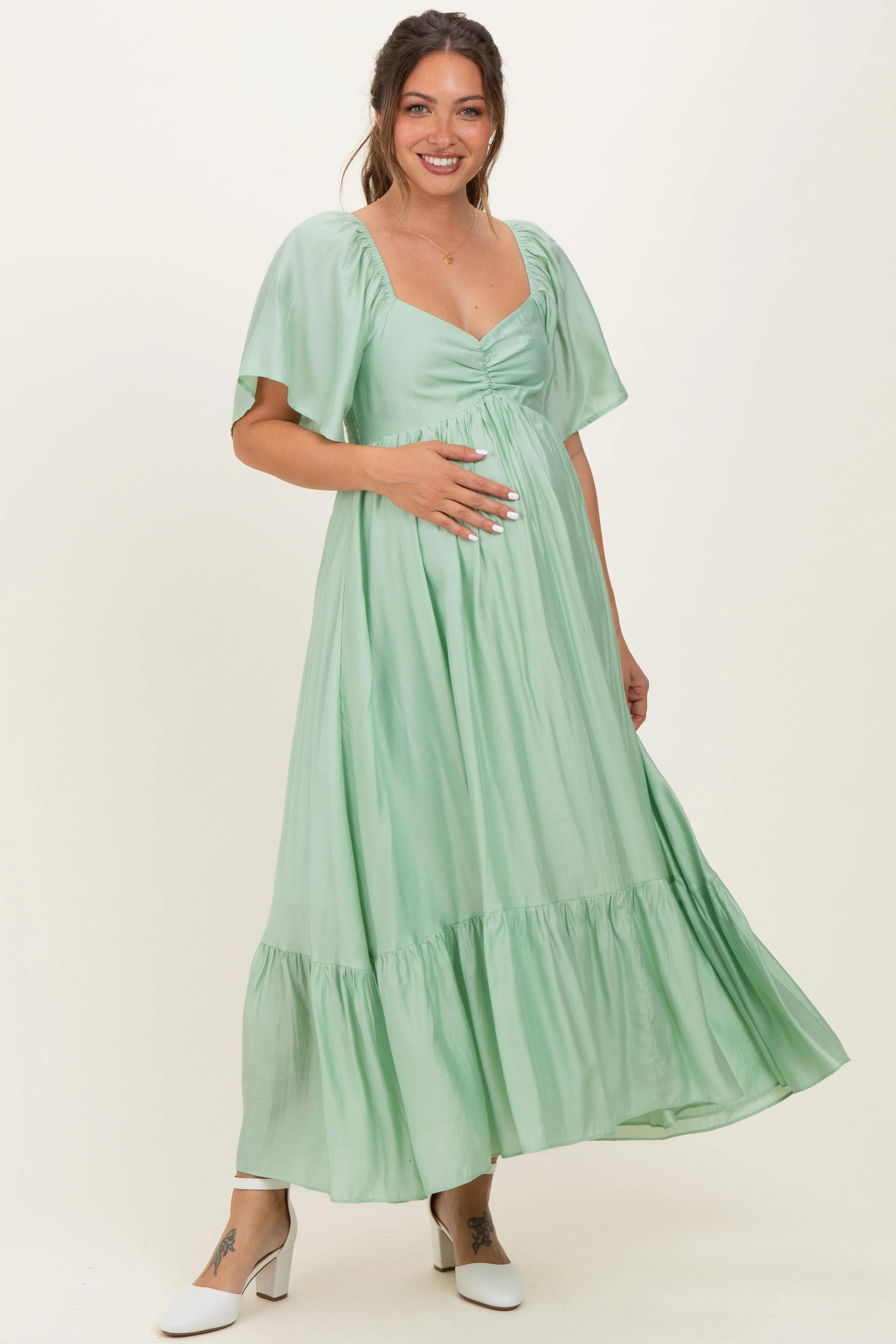 Mint Flutter Sleeve Ruffle Hem Maternity Midi Dress sold by Pinkblush