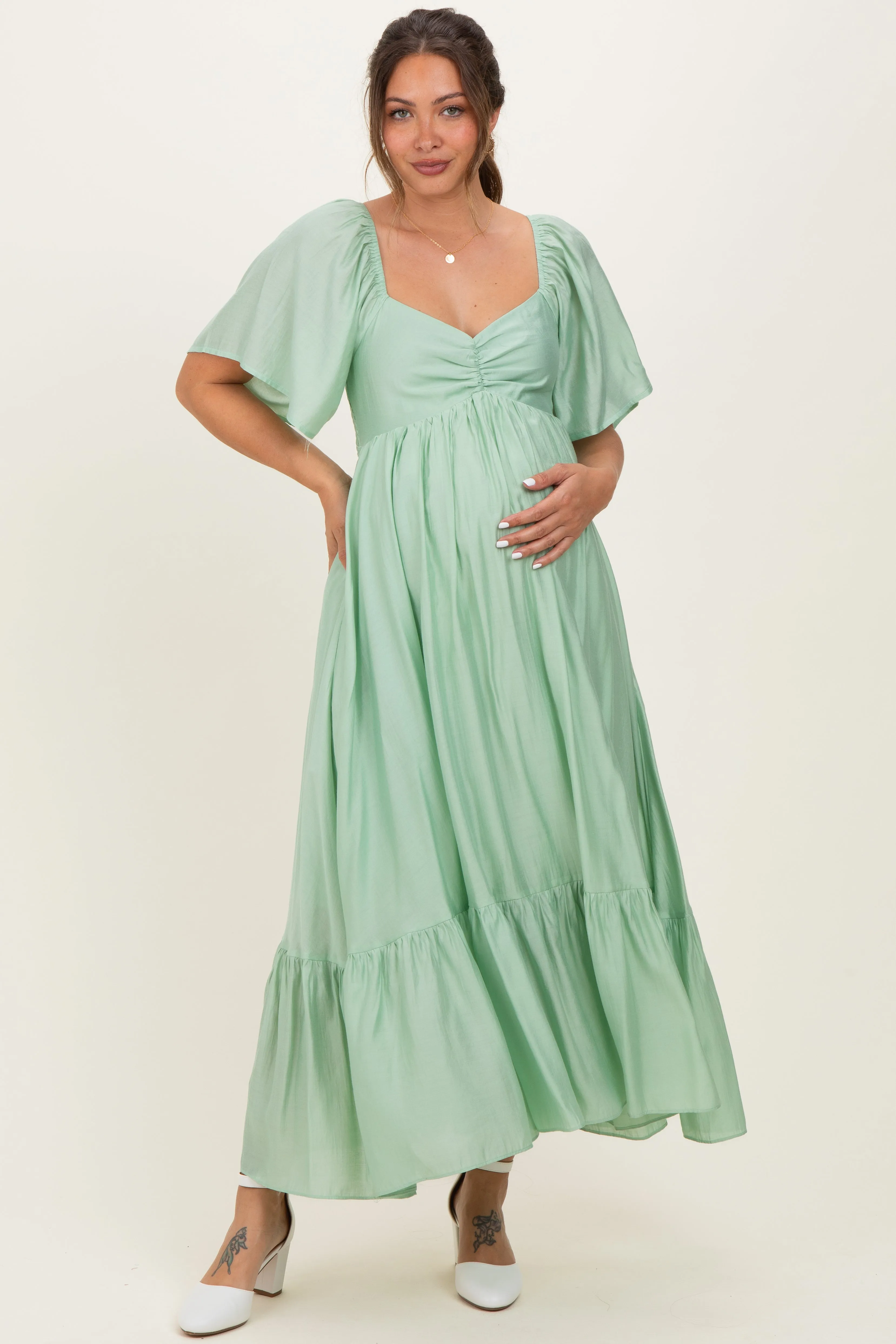 Mint Flutter Sleeve Ruffle Hem Maternity Midi Dress sold by Pinkblush product image thumbnail 2