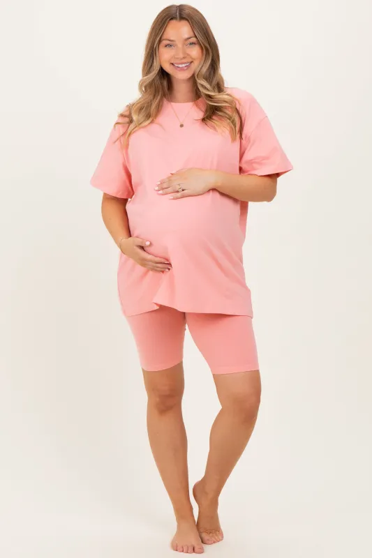 Coral Peach Biker Shorts Maternity Set sold by Pinkblush