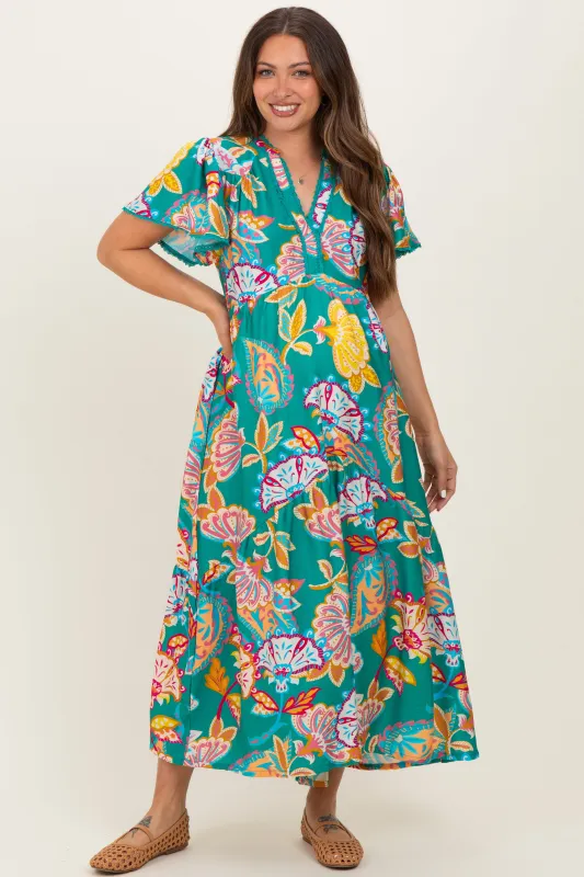 Emerald Boho Print Lace Trim Tiered Maternity Midi Dress sold by Pinkblush