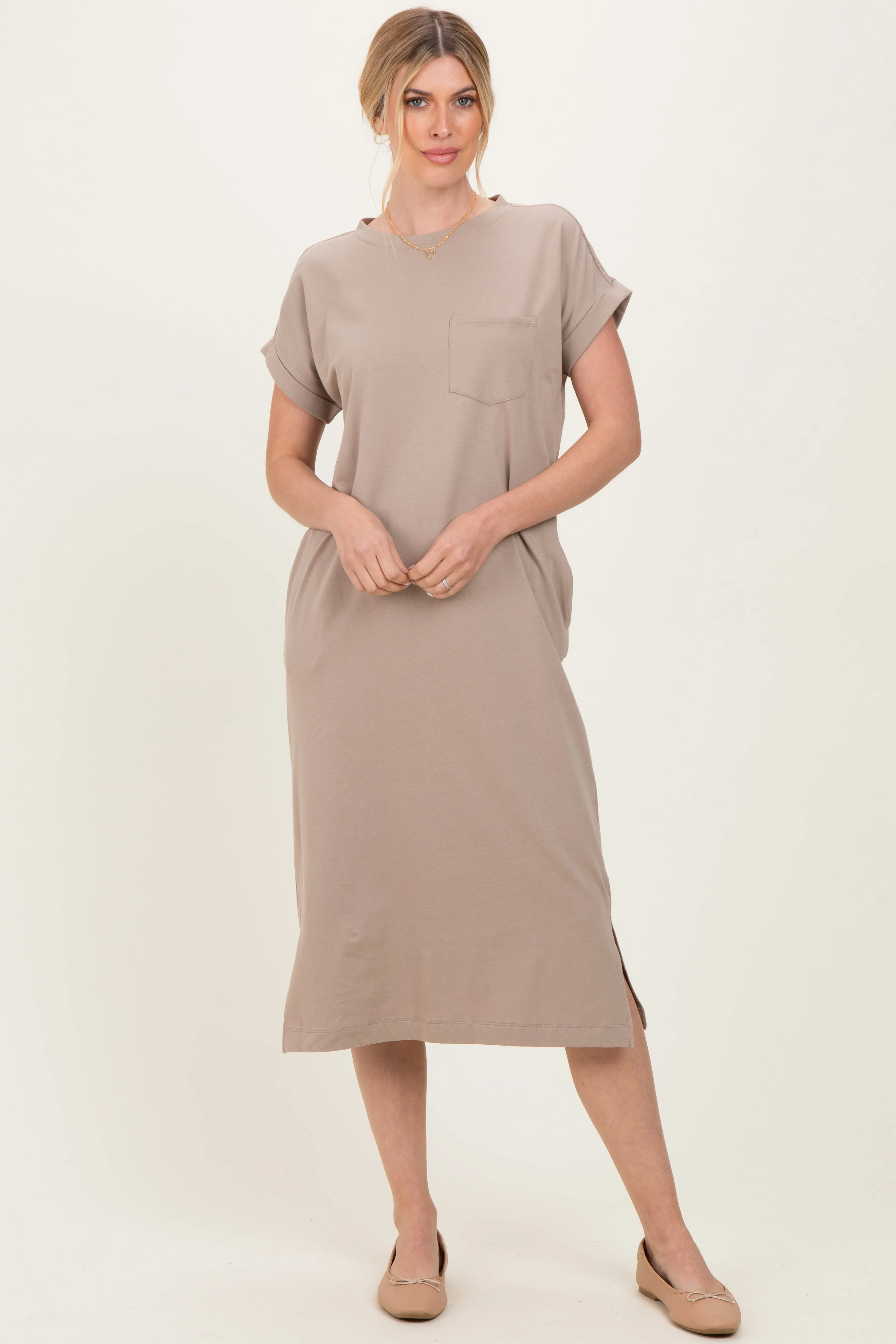 Beige Pocket Front Midi T-Shirt Dress sold by Pinkblush