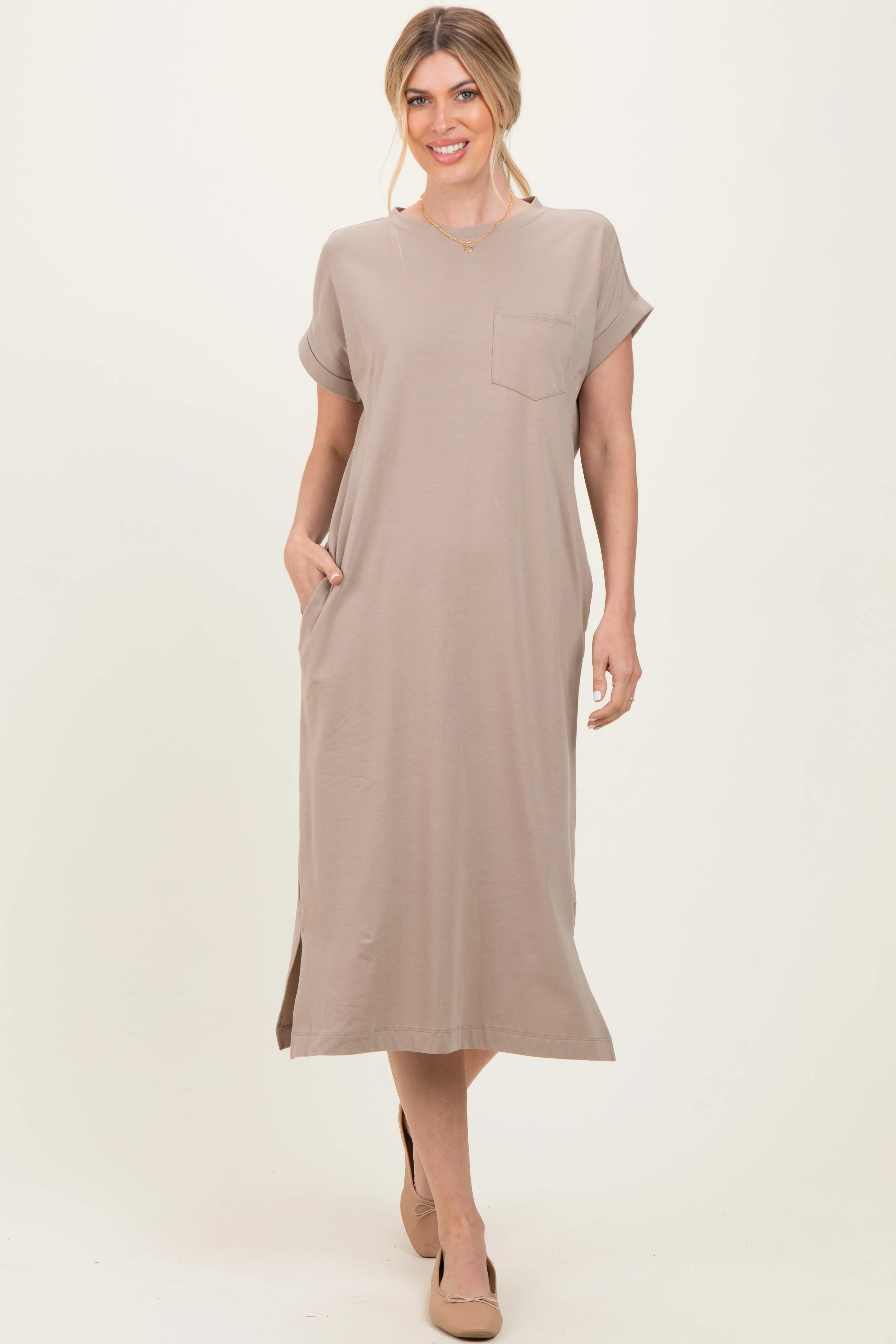 Beige Pocket Front Midi T-Shirt Dress sold by Pinkblush product image thumbnail 2