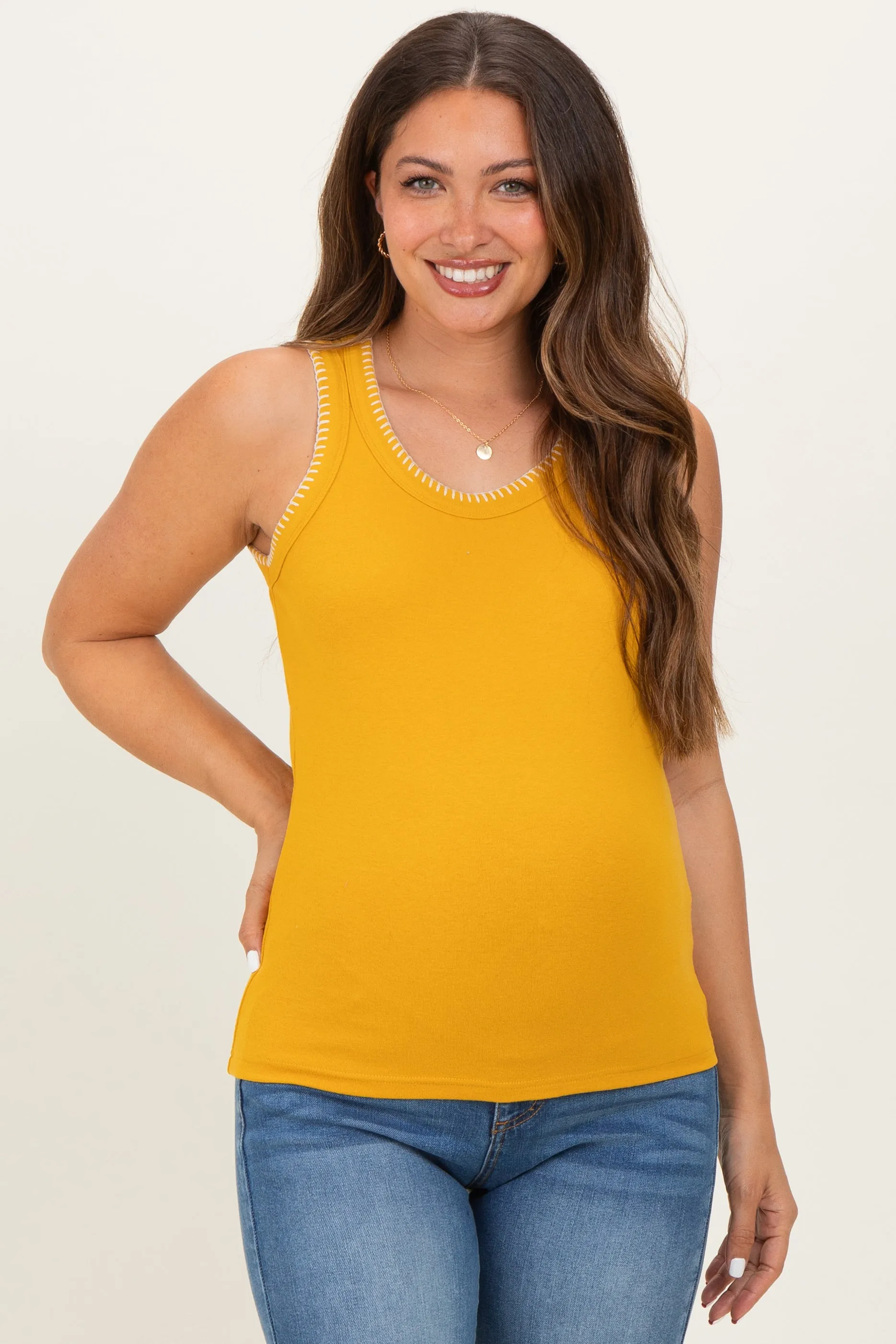 Mustard Brushed Knit Stitch Detail Maternity Tank Top sold by Pinkblush