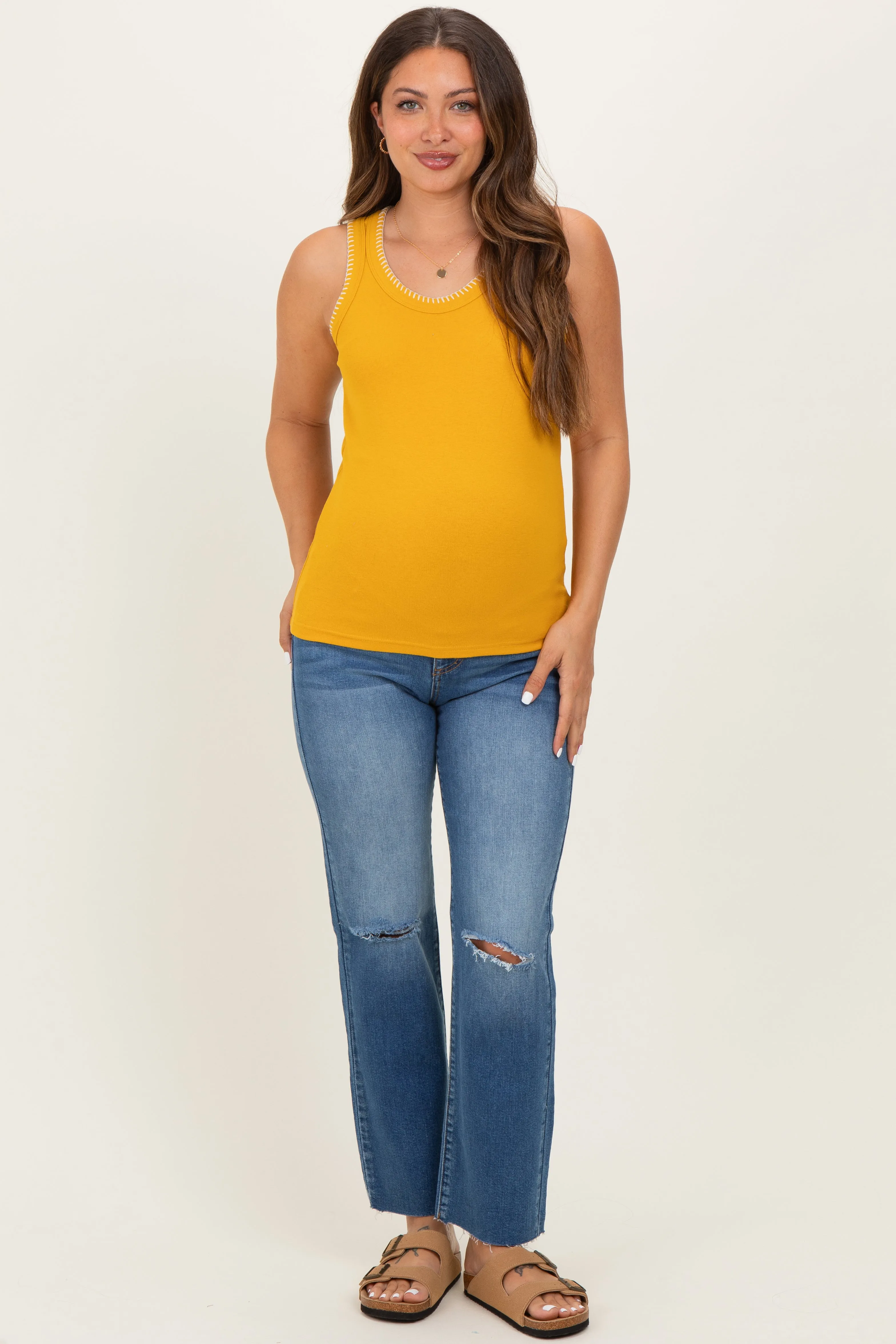 Mustard Brushed Knit Stitch Detail Maternity Tank Top sold by Pinkblush product image thumbnail 2