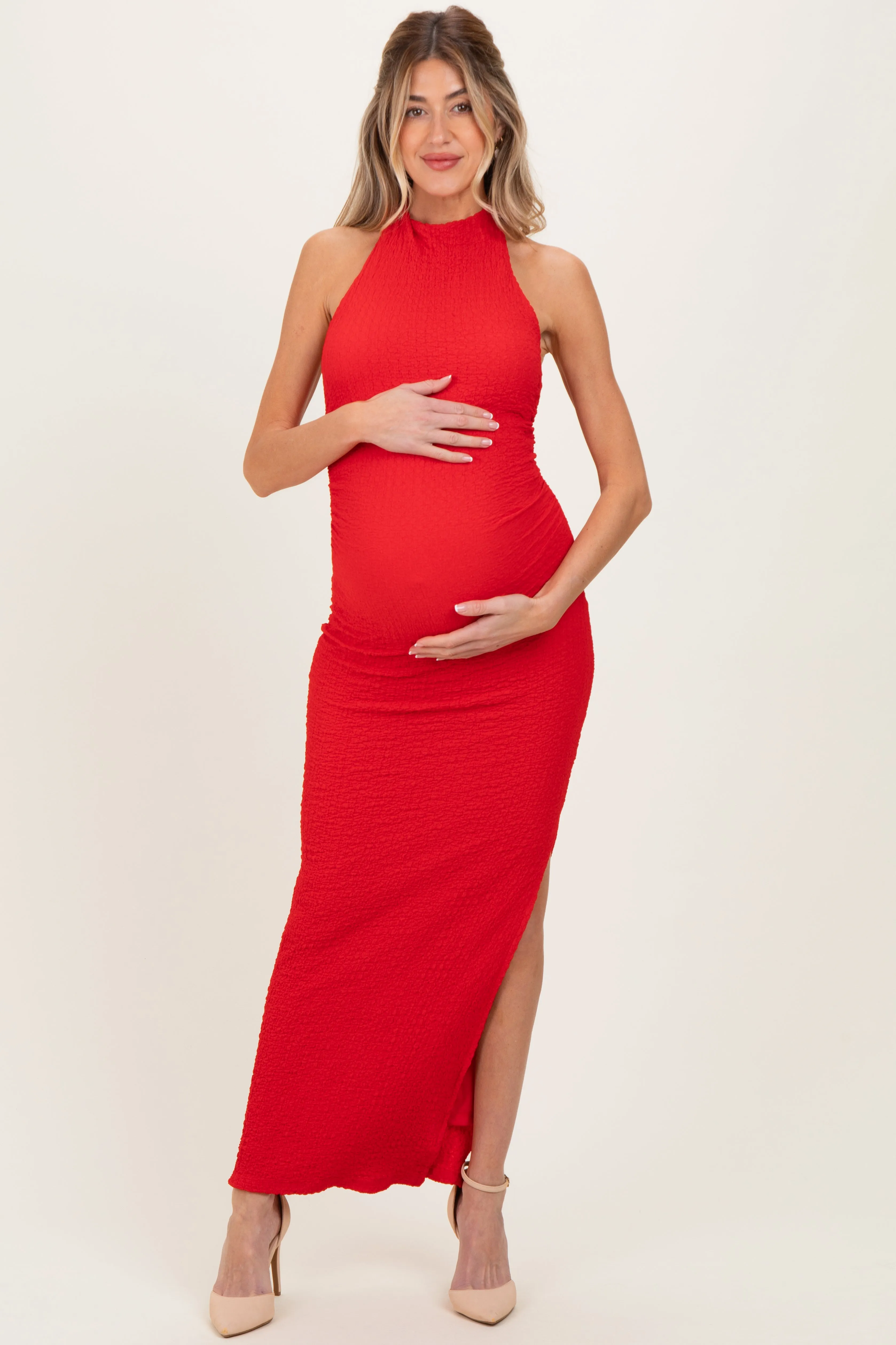 Red Halter Neck Open Back Maternity Maxi Dress sold by Pinkblush product image thumbnail 2
