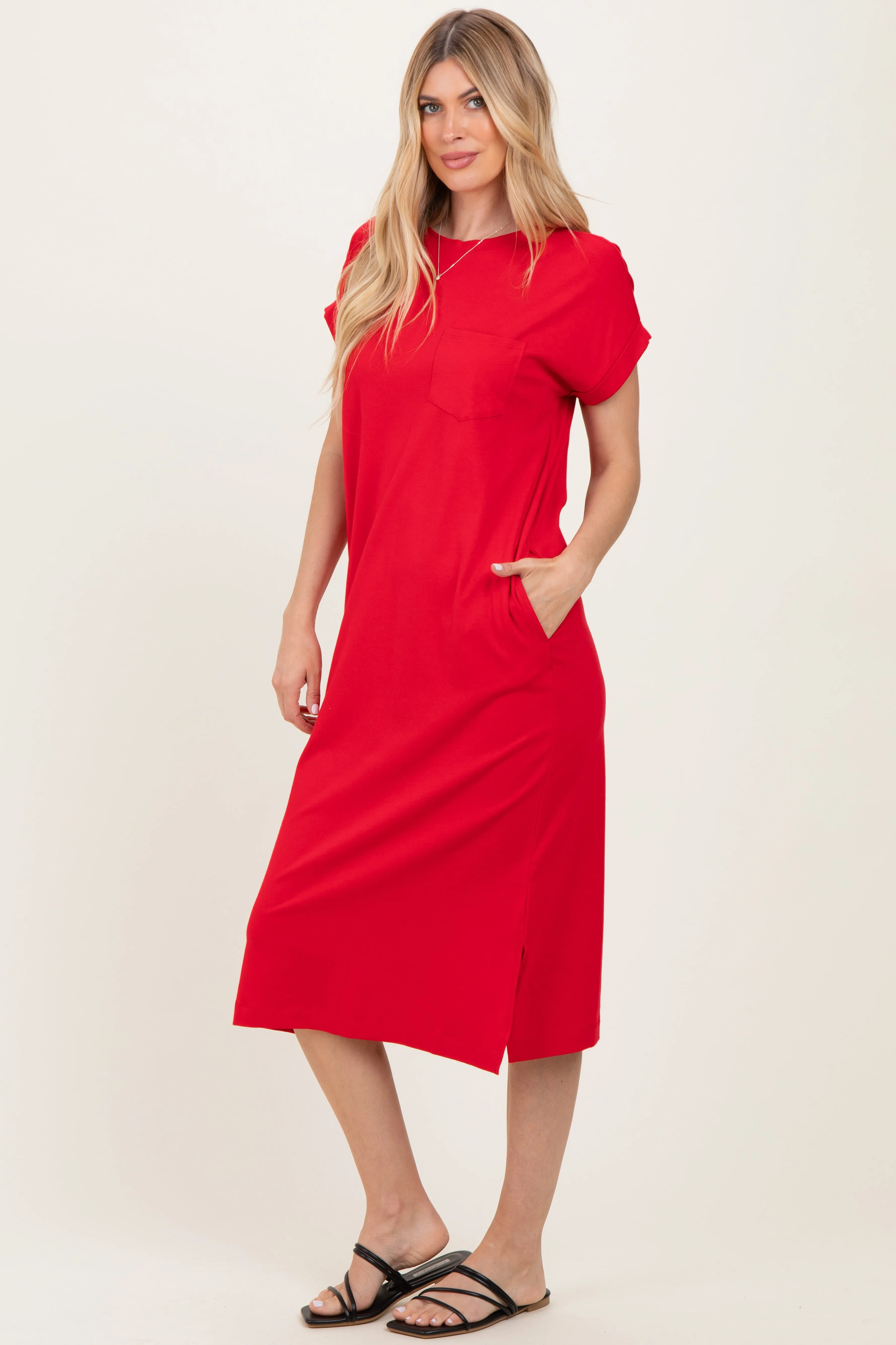 Red Pocket Front Midi T-Shirt Dress sold by Pinkblush product image thumbnail 3