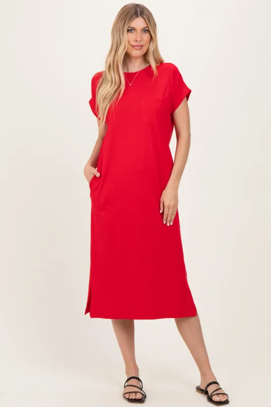 Red Pocket Front Midi T-Shirt Dress made by Zenana Outfitters