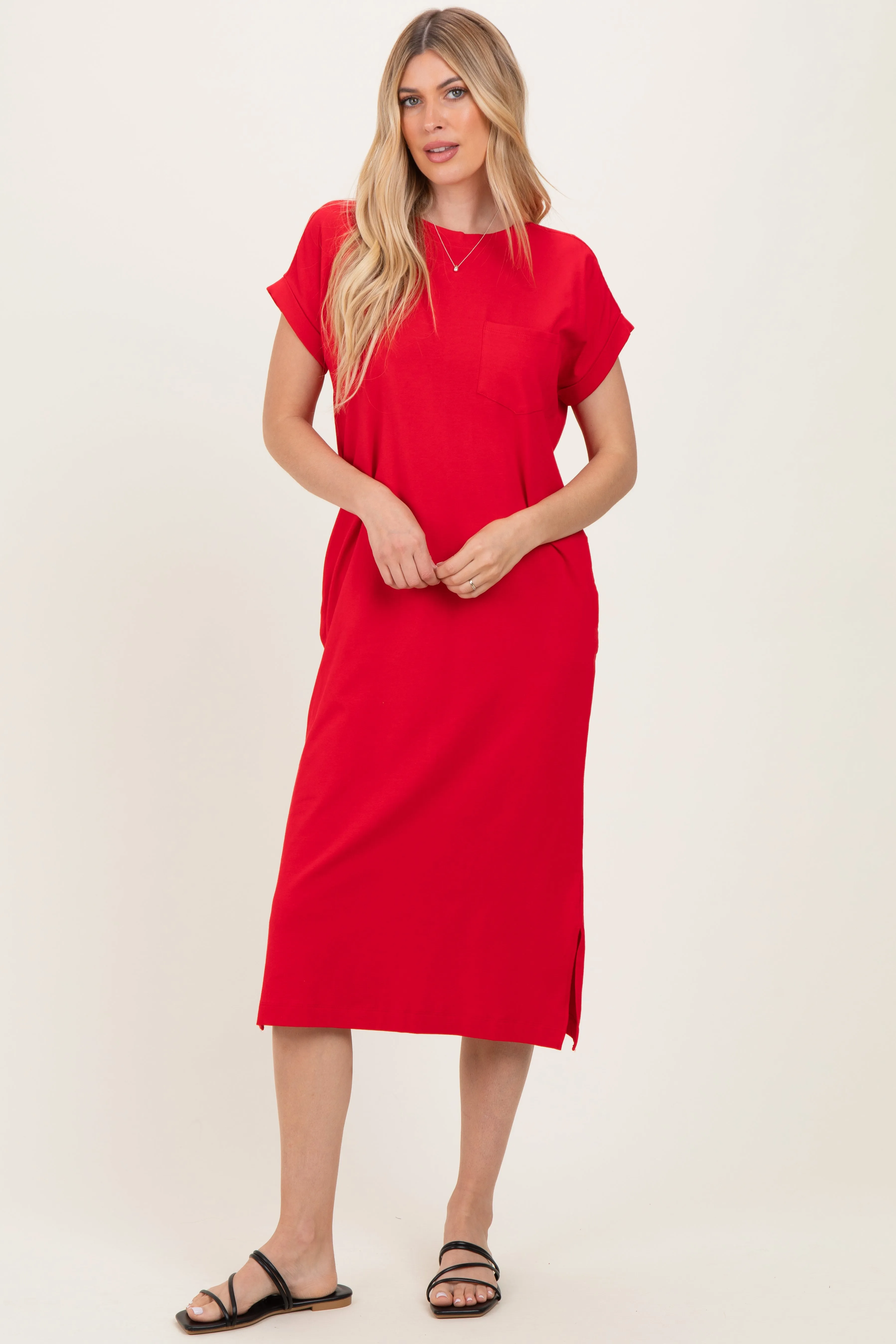 Red Pocket Front Midi T-Shirt Dress sold by Pinkblush product image thumbnail 2