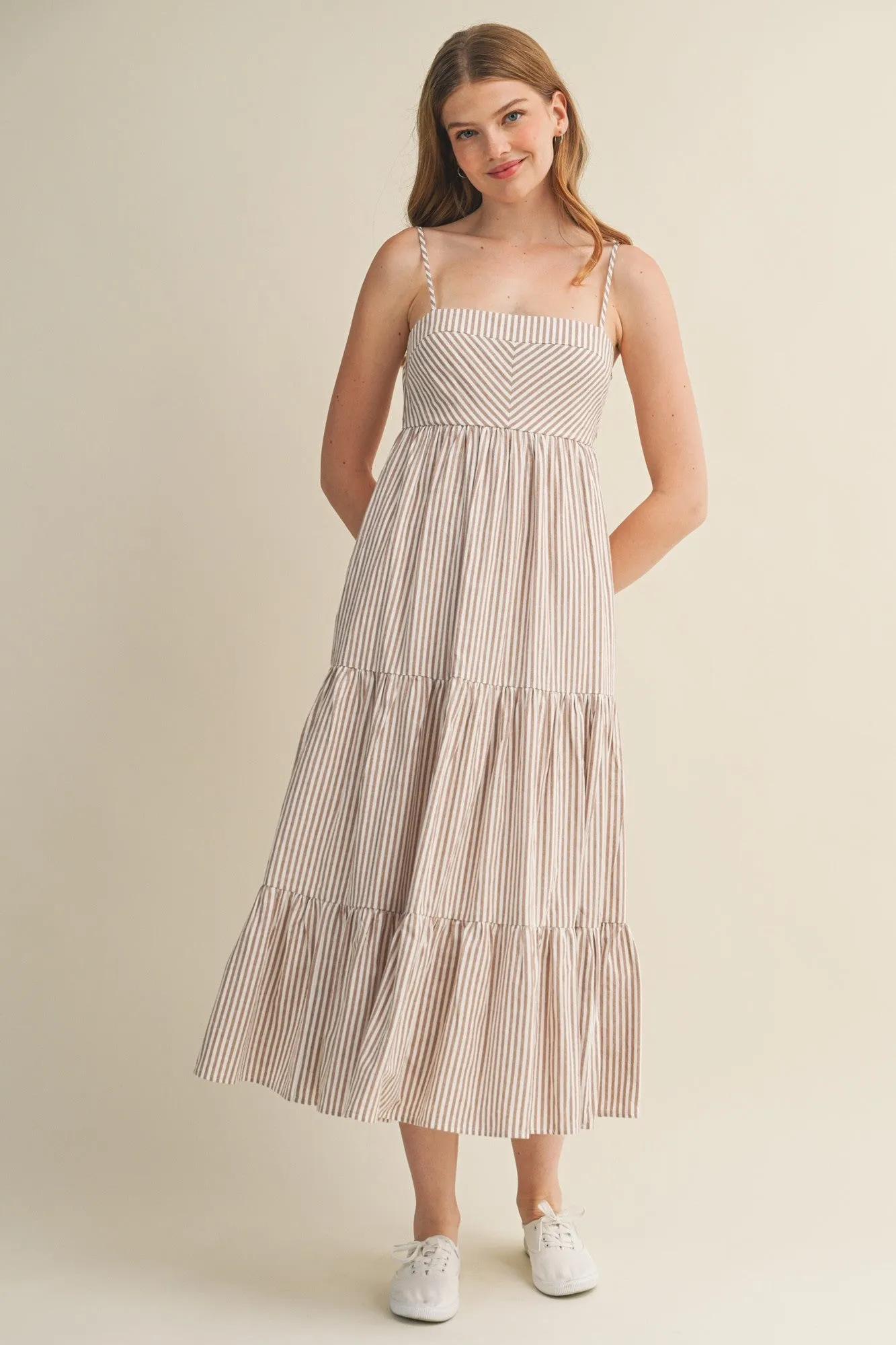 Light Taupe Diagonal Stripe Front Tier Dress sold by Pinkblush