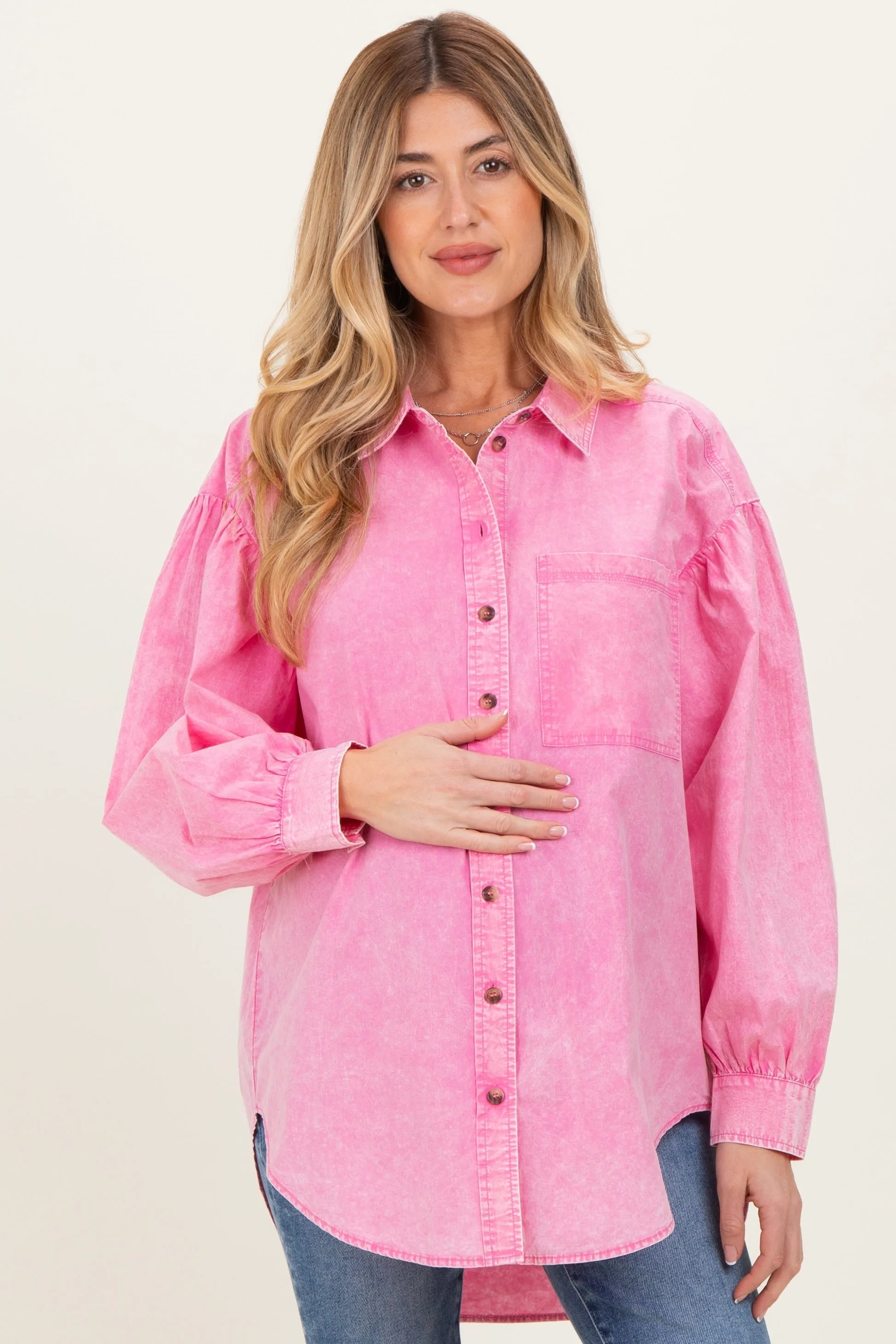 Pink Button Down Lightweight Casual Maternity Shirt sold by Pinkblush