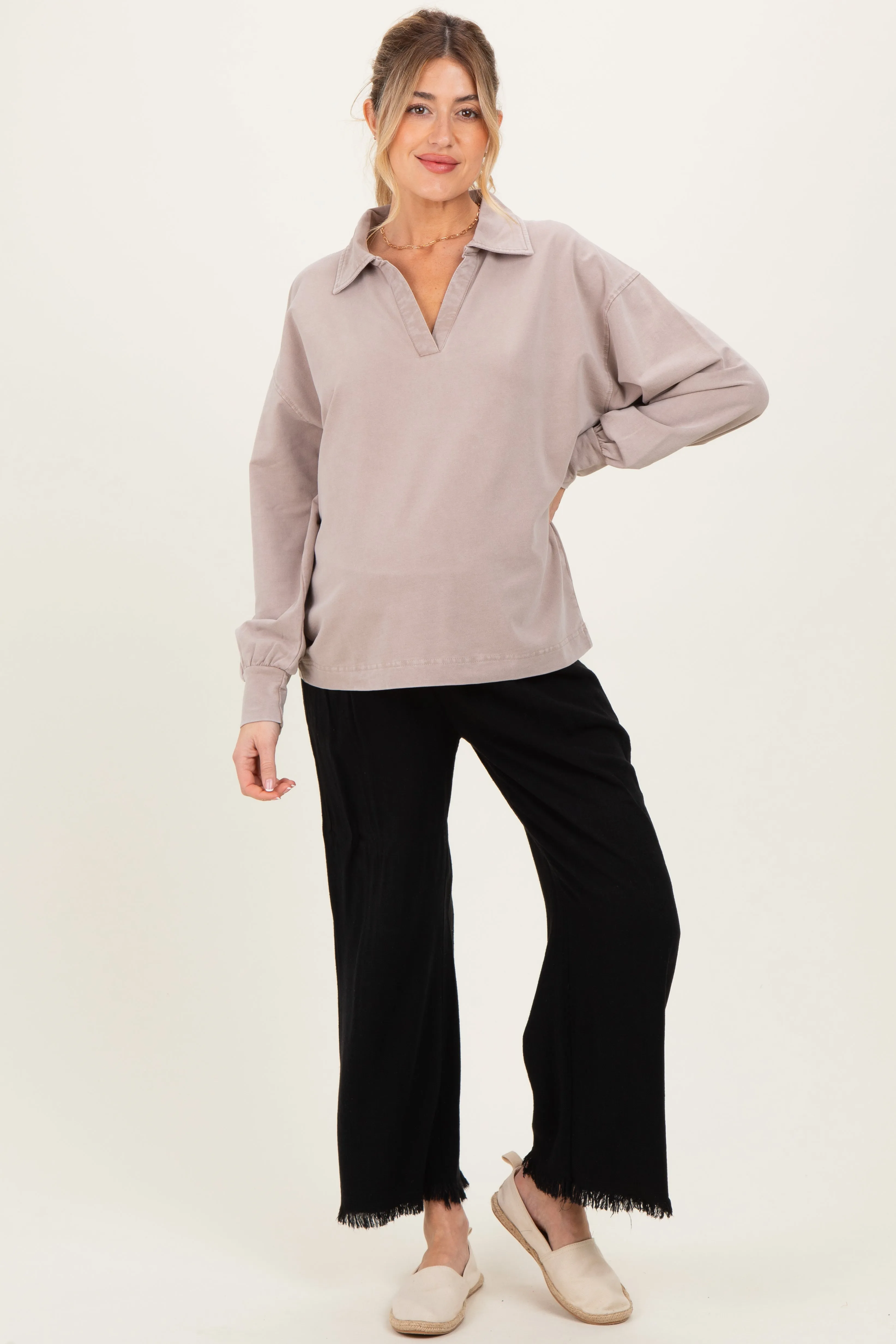 Taupe Sunfade Cotton Collared Long Sleeve Maternity Top sold by Pinkblush product image thumbnail 3