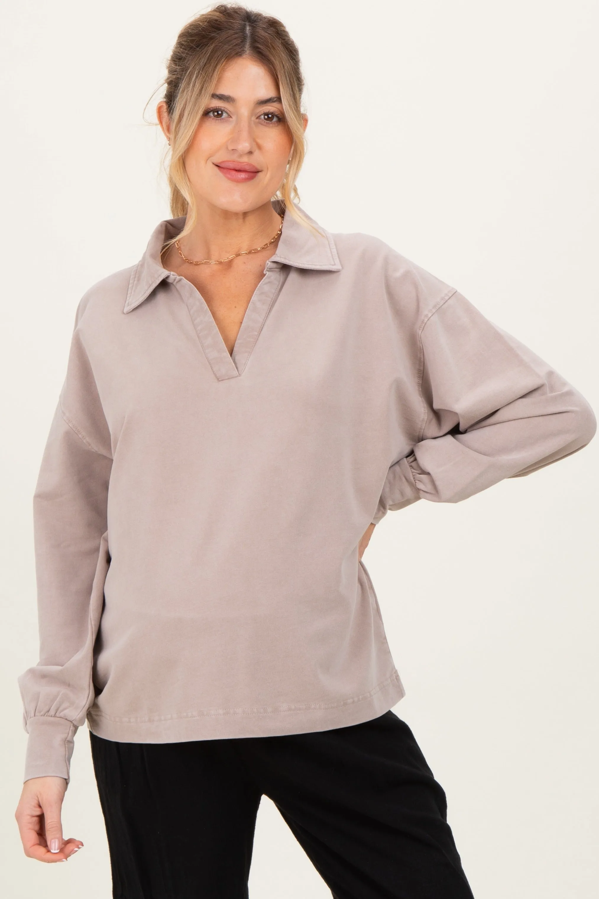 Taupe Sunfade Cotton Collared Long Sleeve Maternity Top sold by Pinkblush