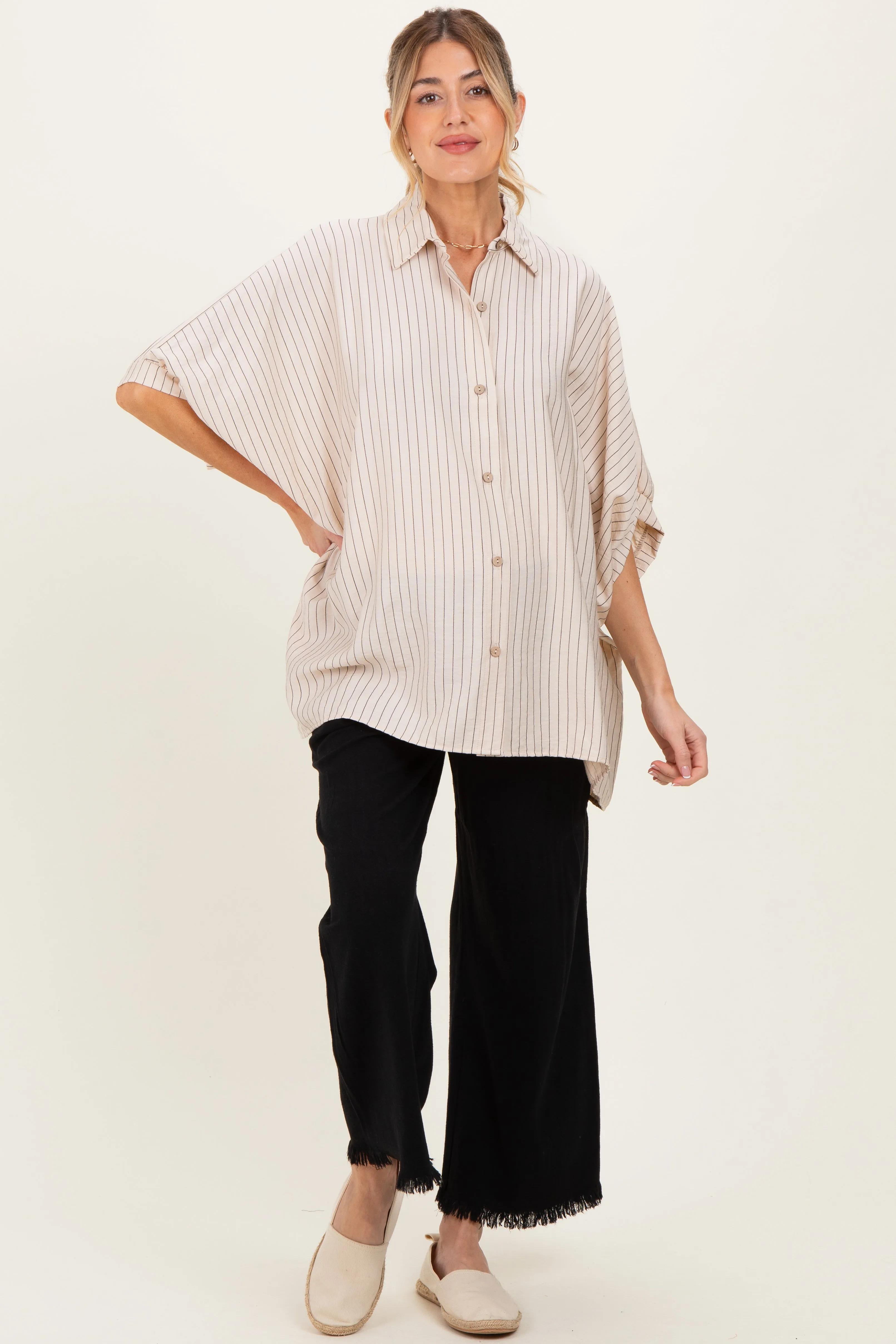 Cream/Black Striped Short Sleeve Collared Button Down Maternity Blouse sold by Pinkblush product image thumbnail 2