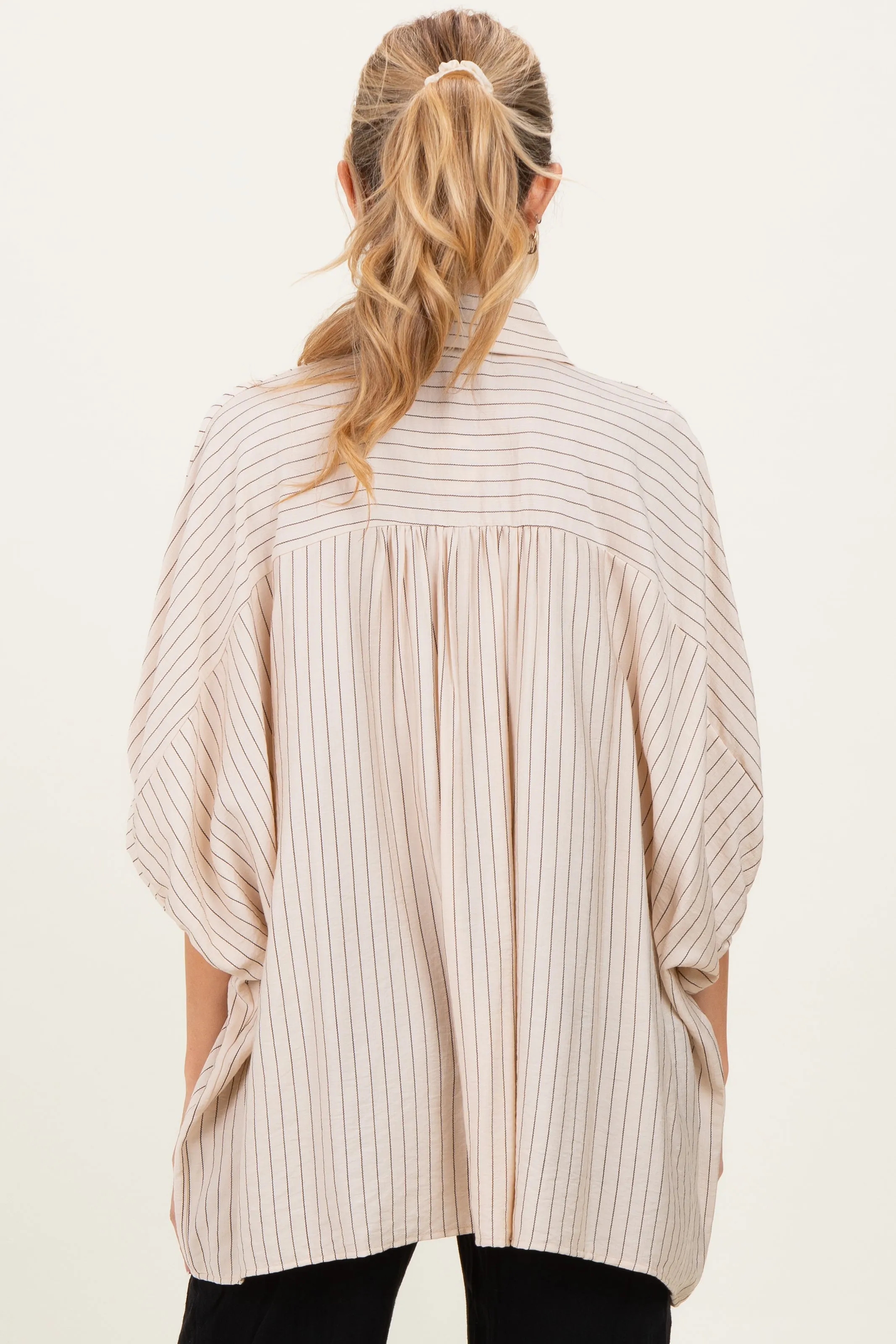 Cream/Black Striped Short Sleeve Collared Button Down Maternity Blouse sold by Pinkblush product image thumbnail 3