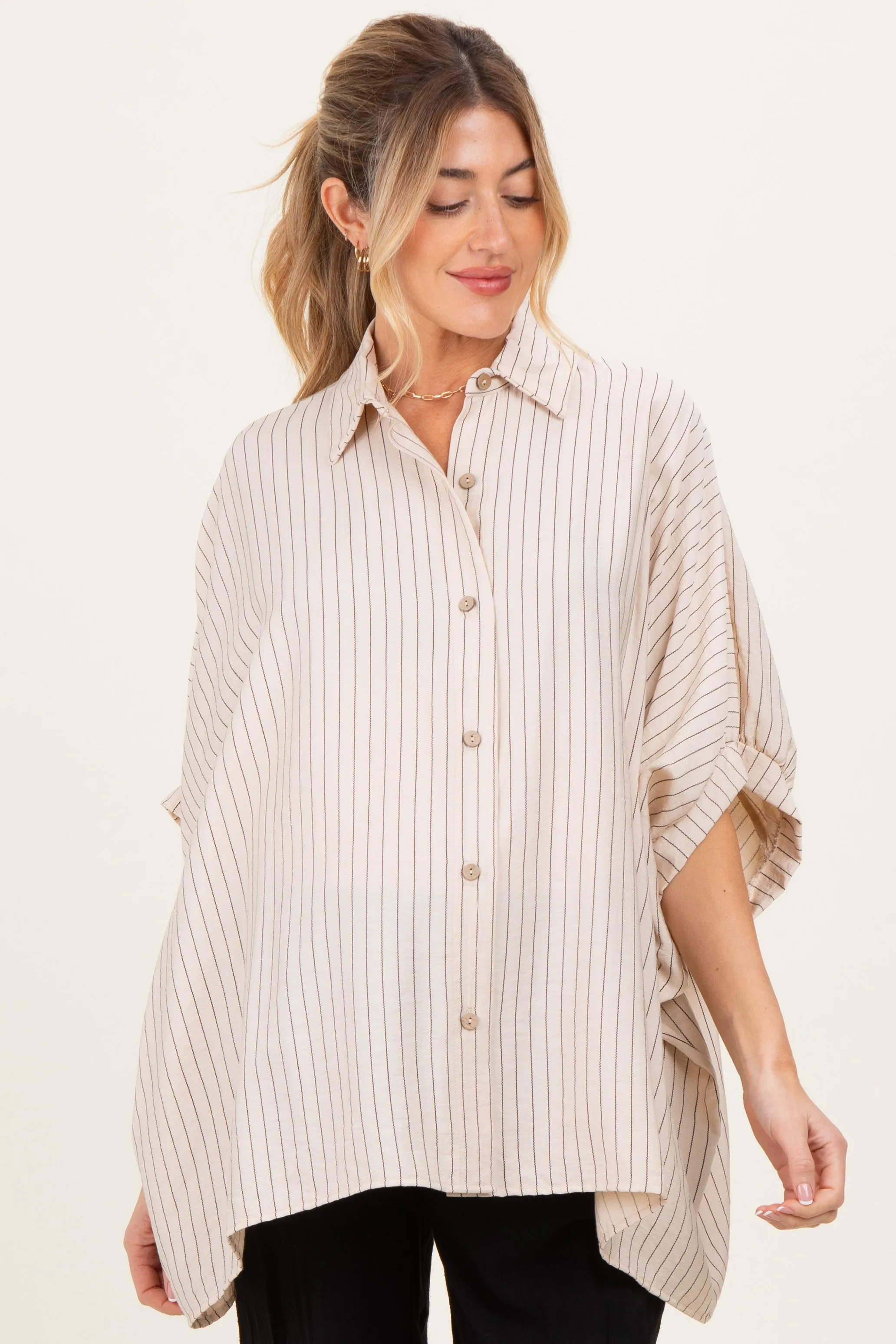Cream/Black Striped Short Sleeve Collared Button Down Maternity Blouse sold by Pinkblush