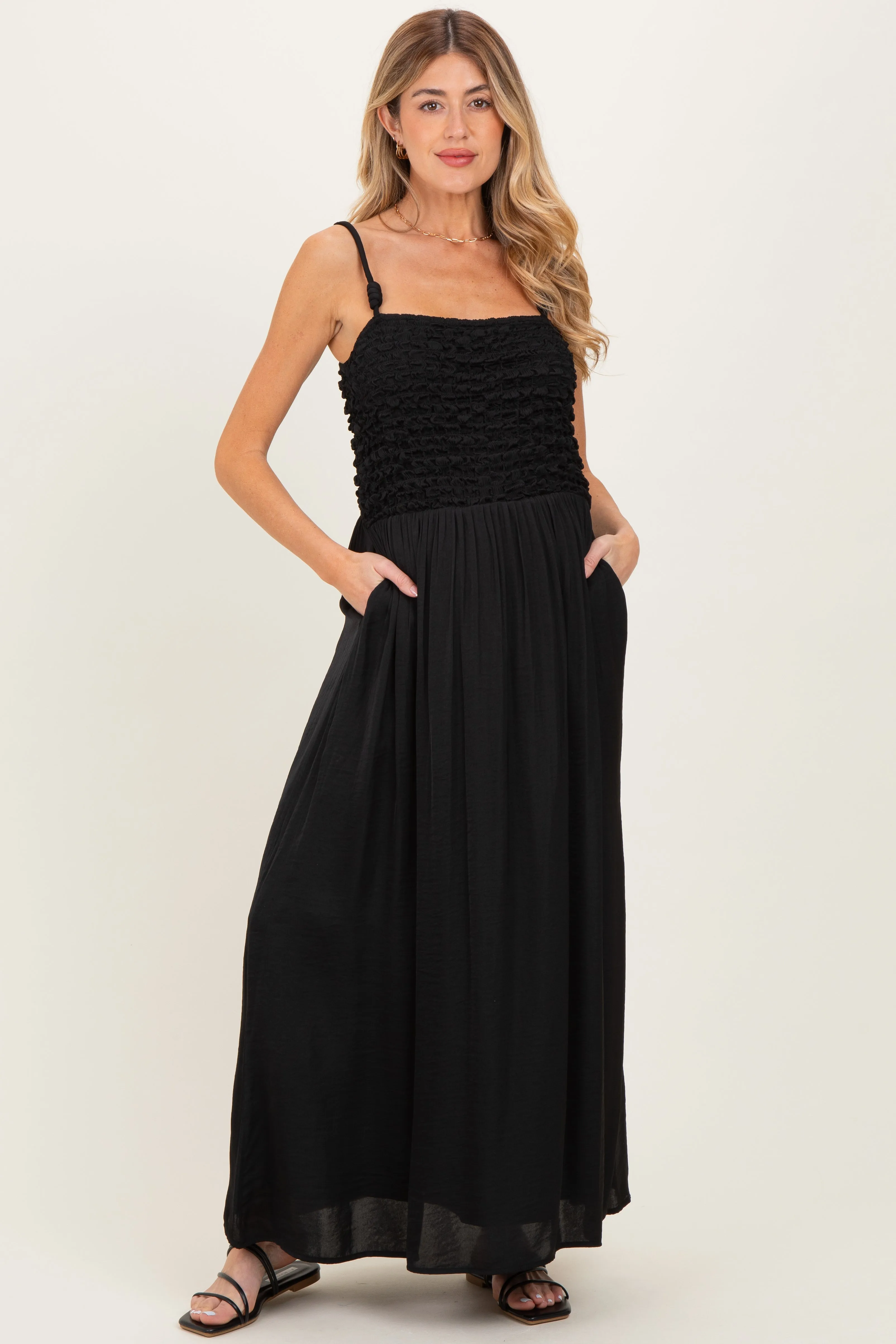 Black Textured Smocked Maternity Maxi Dress sold by Pinkblush product image thumbnail 2