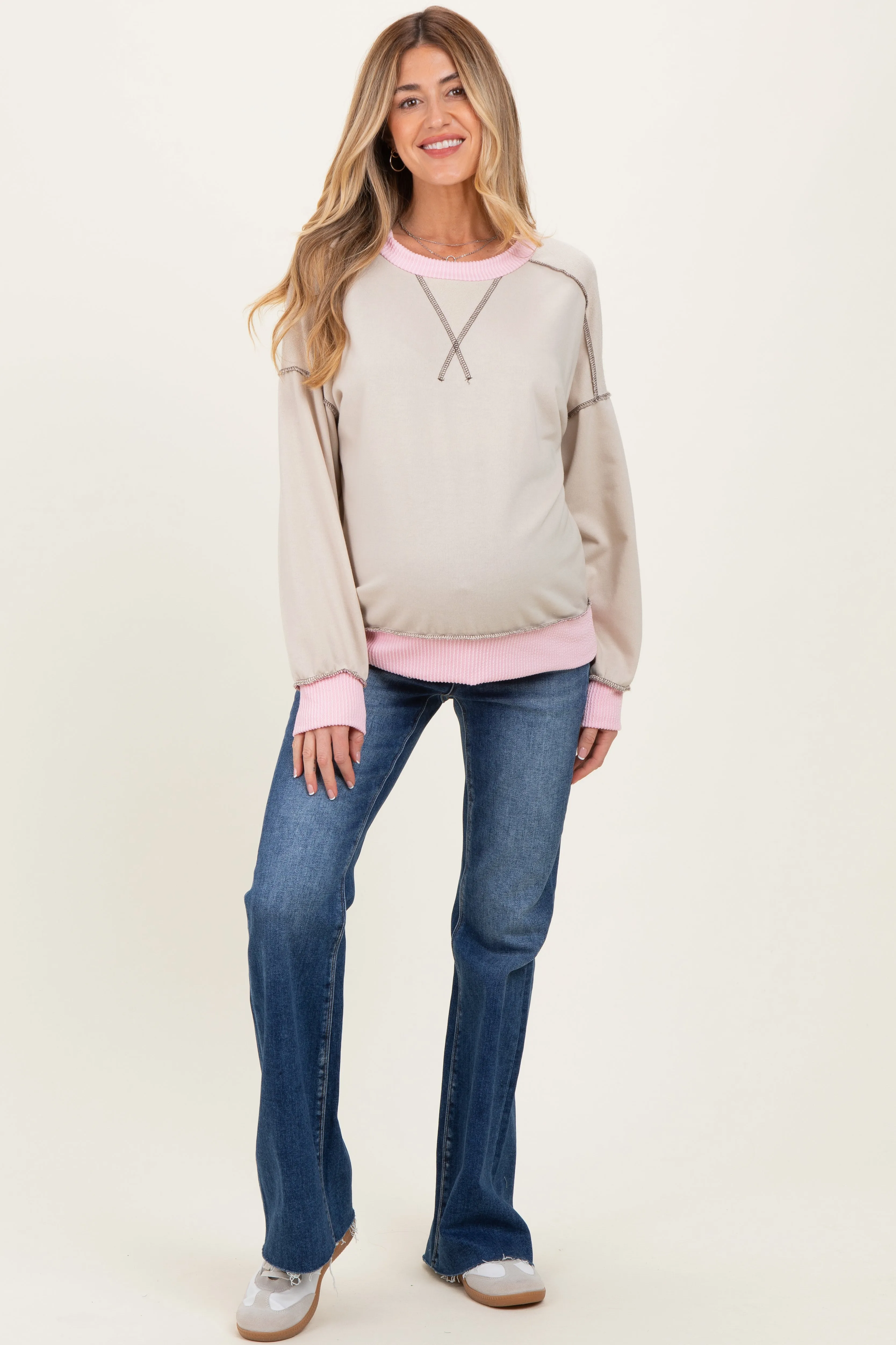 Cream Contrast Band Exposed Seam Maternity Pullover sold by Pinkblush product image thumbnail 2