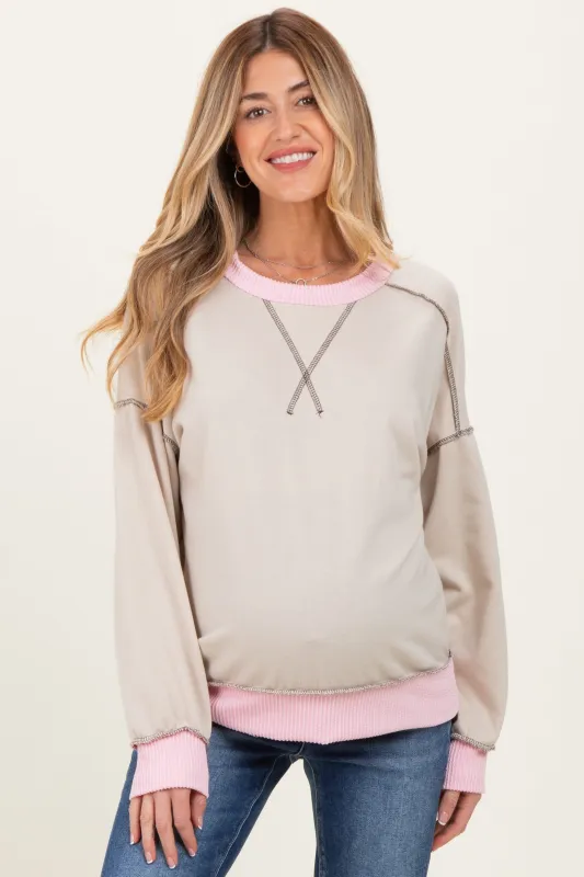 Cream Contrast Band Exposed Seam Maternity Pullover sold by Pinkblush