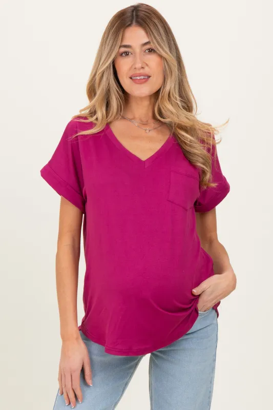 Magenta V-Neck Pocket Short Sleeve Maternity Shirt sold by Pinkblush