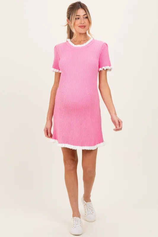 Pink Ribbed Knit Ruffle Trim Maternity Mini Dress sold by Pinkblush