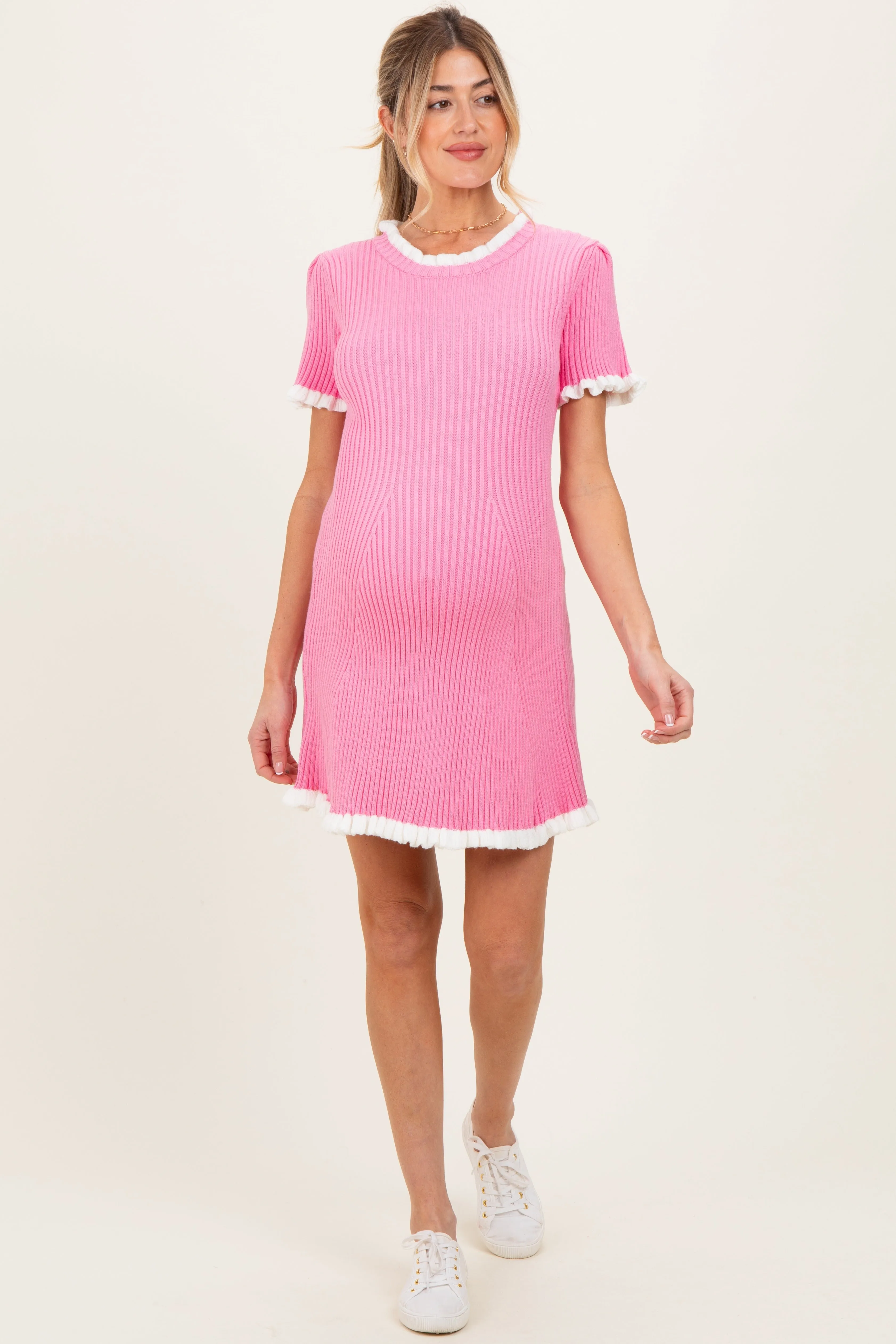 Pink Ribbed Knit Ruffle Trim Maternity Mini Dress sold by Pinkblush