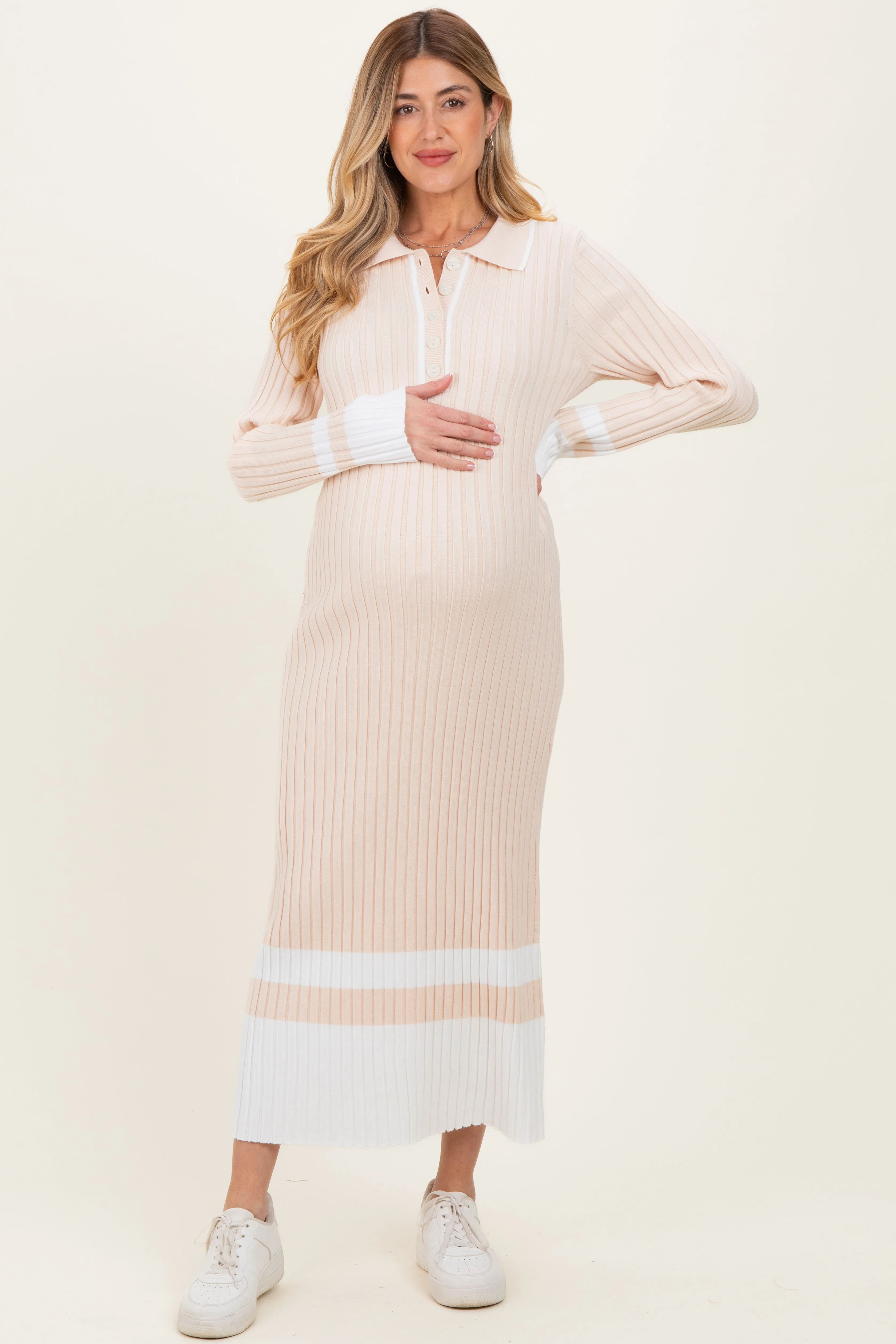 Cream Ribbed Knit Colorblock Polo Maternity Maxi Dress sold by Pinkblush product image thumbnail 2