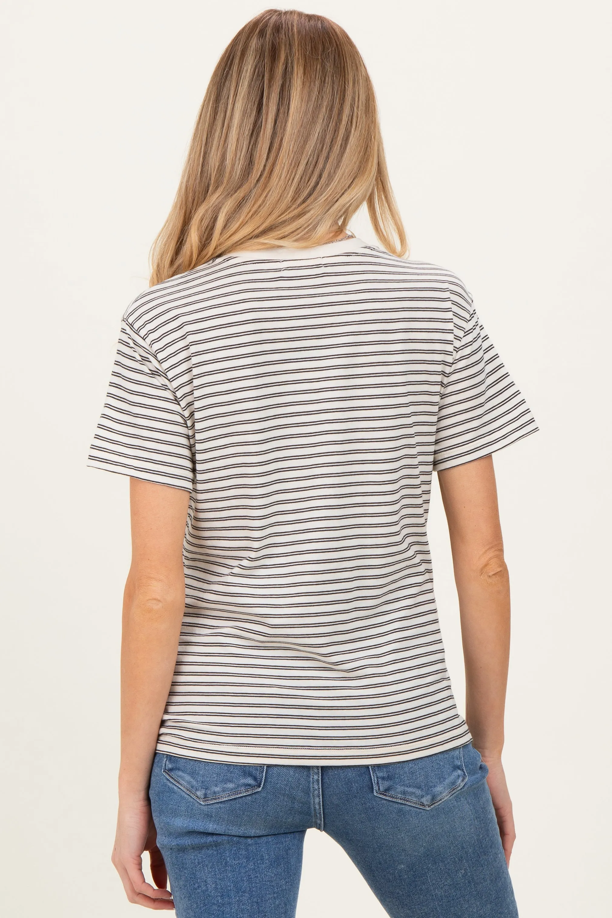 Beige/Black Short Sleeve Round Neck Stripe Maternity Tee sold by Pinkblush product image thumbnail 4