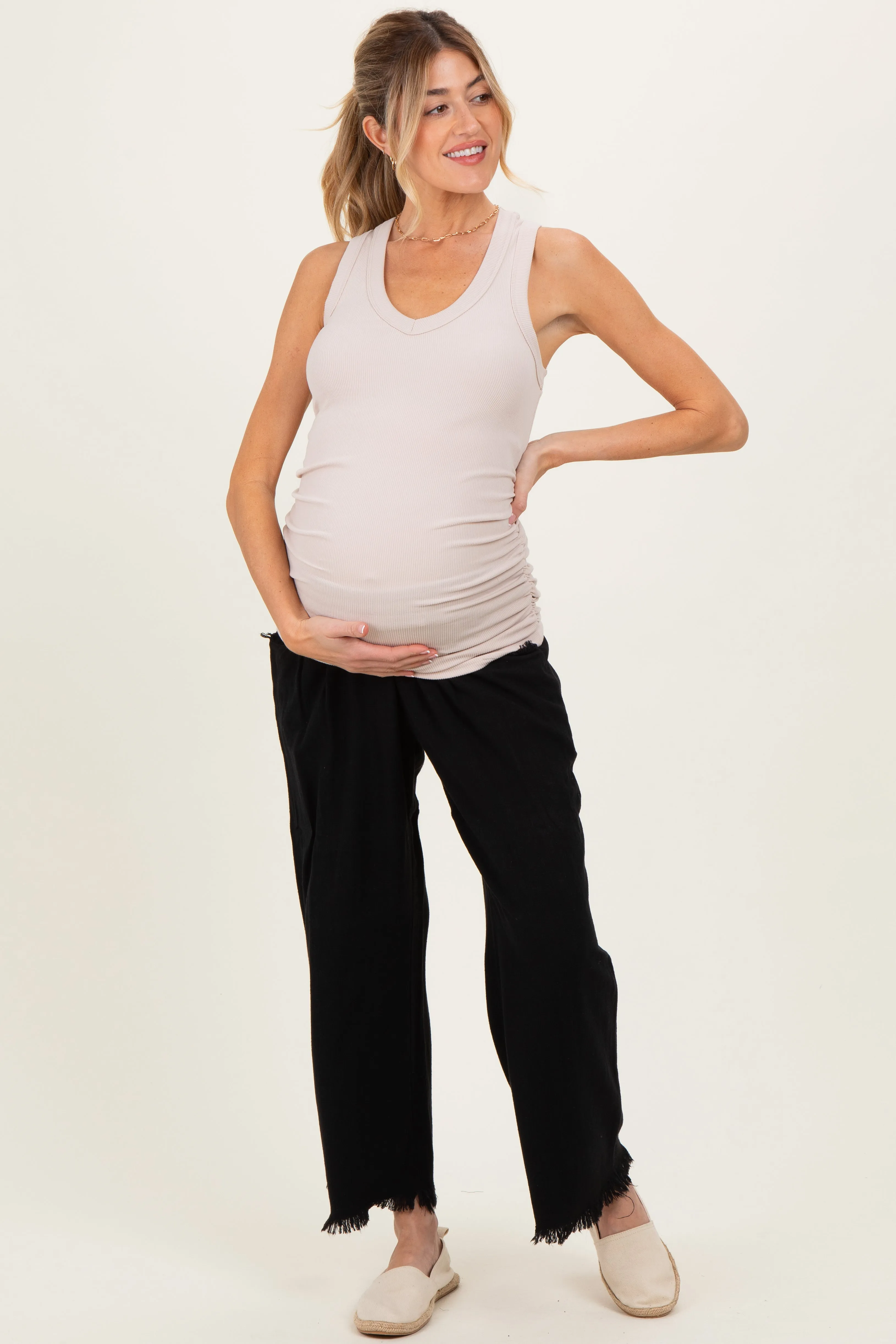 Beige Ribbed Sleeveless Ruched Maternity Tank Top sold by Pinkblush product image thumbnail 2