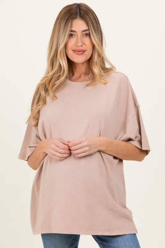 Taupe Oversized Mineral Wash Maternity T-Shirt sold by Pinkblush