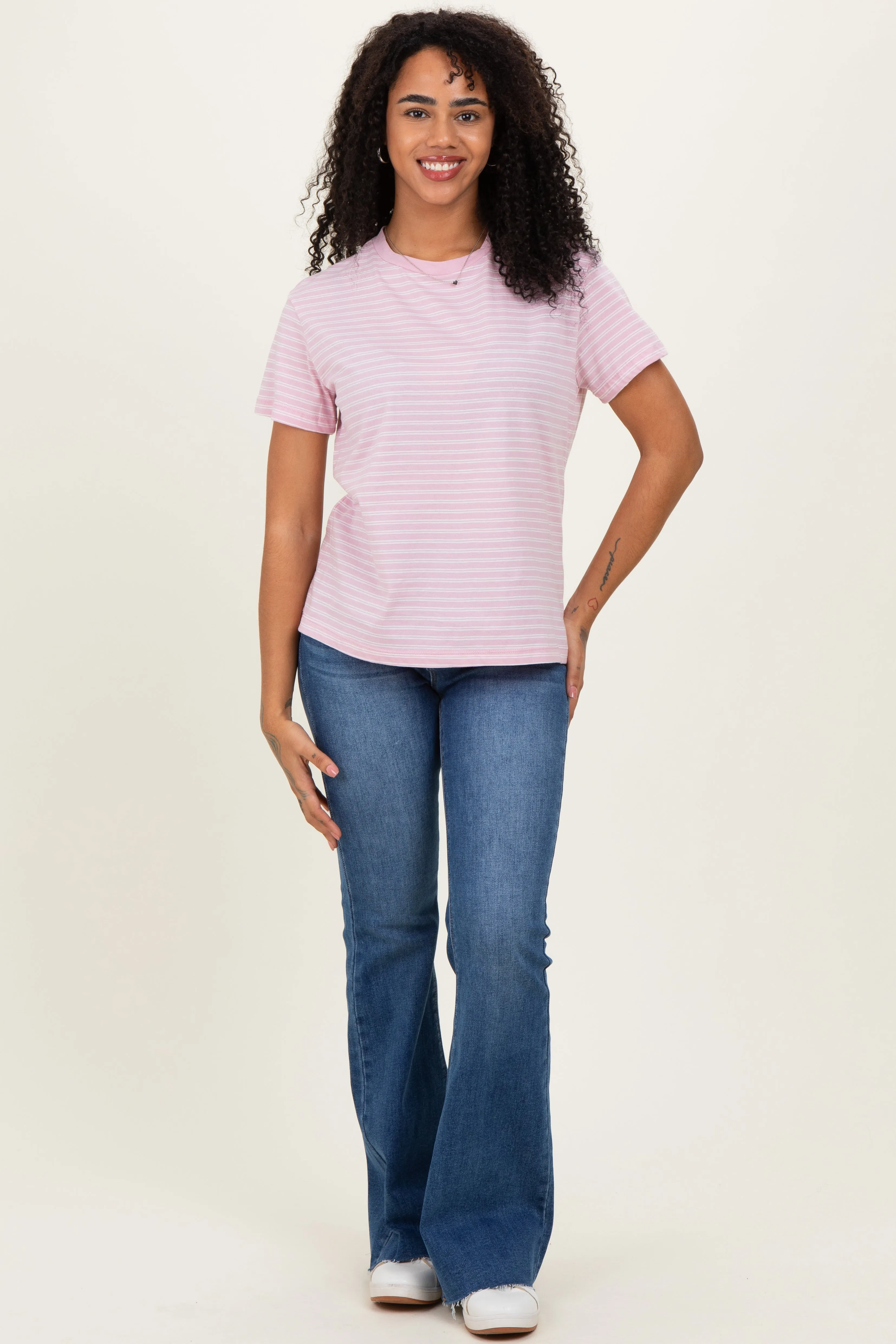 Pink/White Short Sleeve Round Neck Stripe Tee sold by Pinkblush product image thumbnail 2