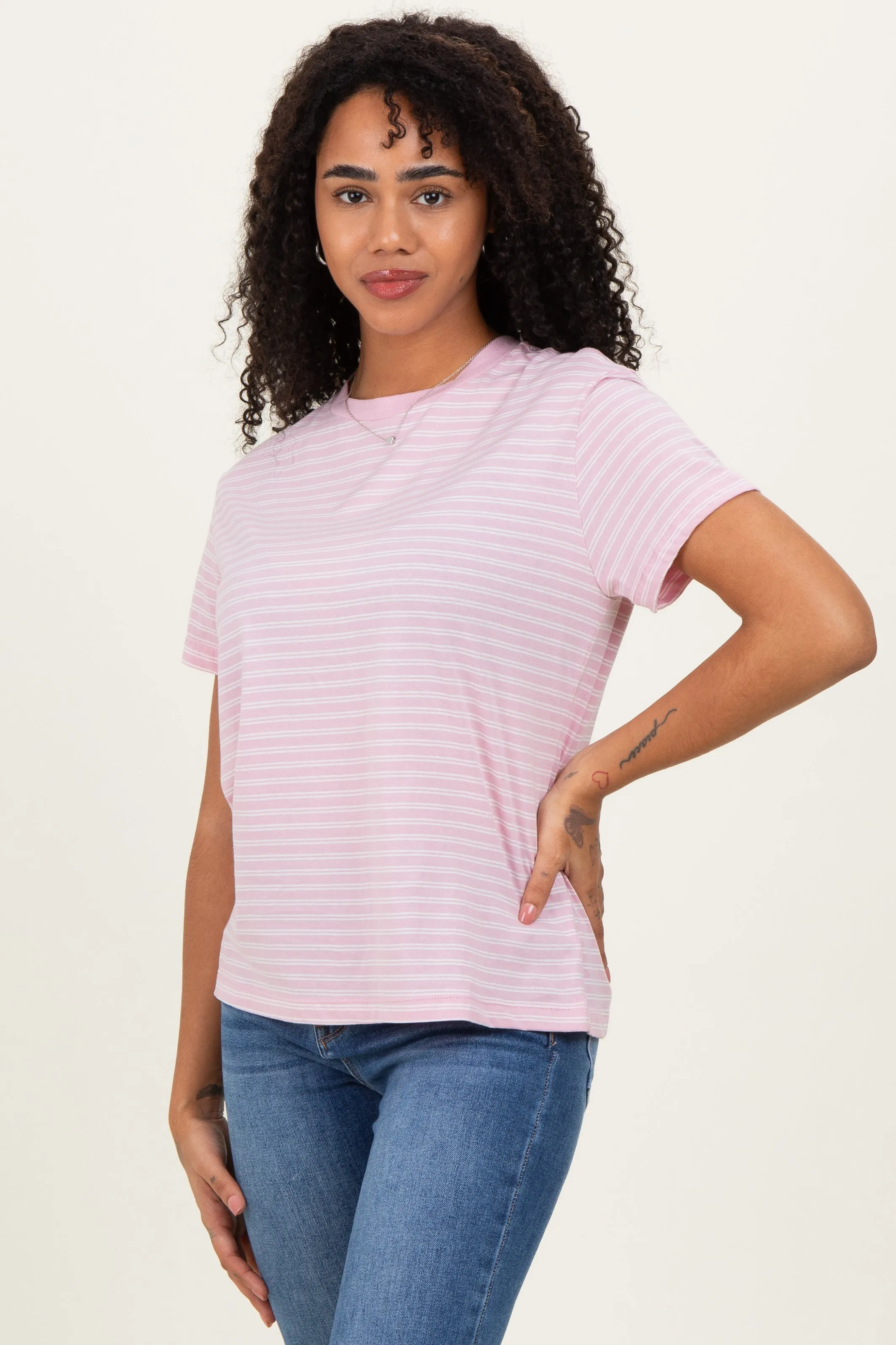 Pink/White Short Sleeve Round Neck Stripe Tee sold by Pinkblush product image thumbnail 3