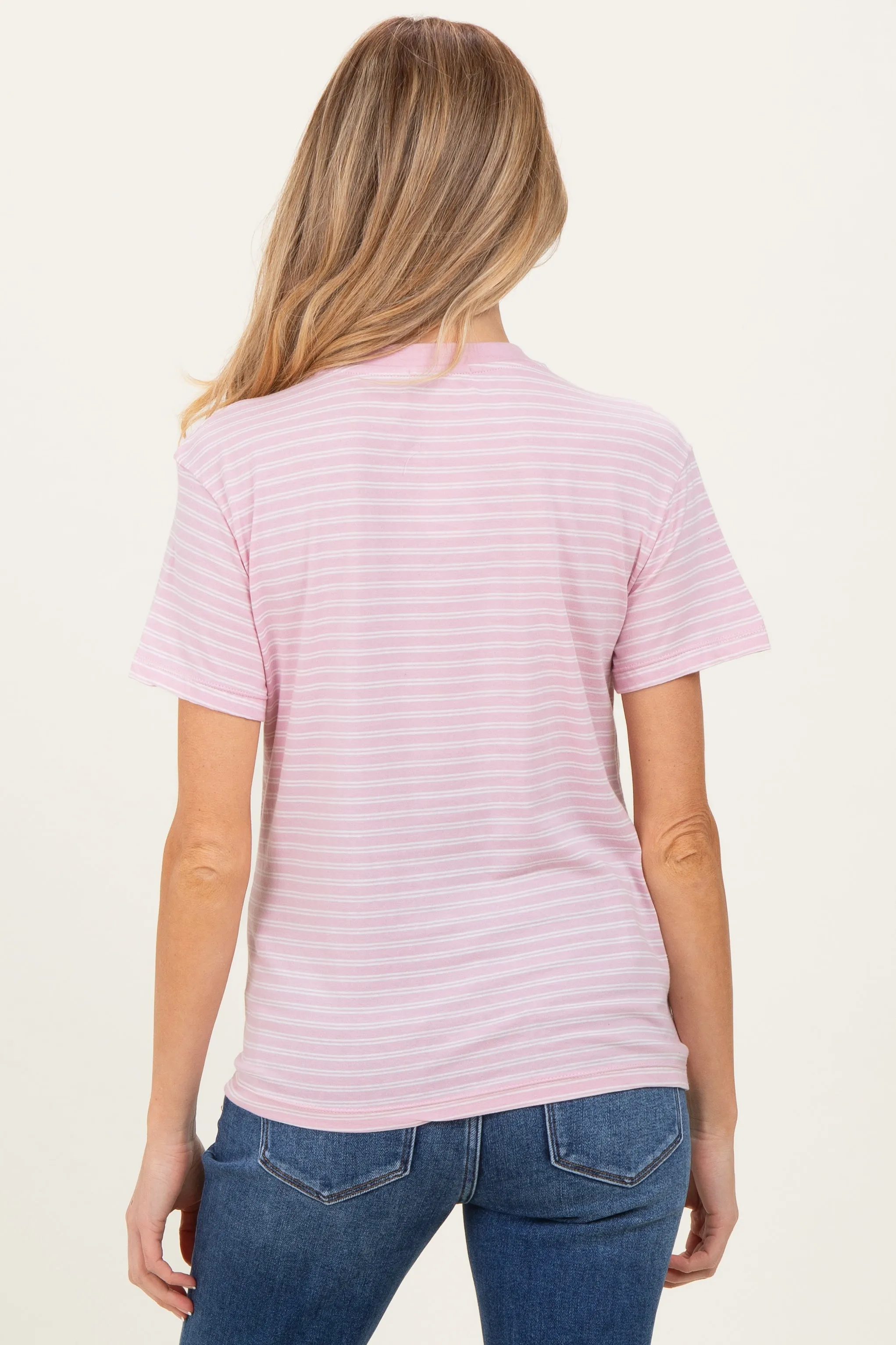 Pink/White Short Sleeve Round Neck Stripe Maternity Tee sold by Pinkblush product image thumbnail 4