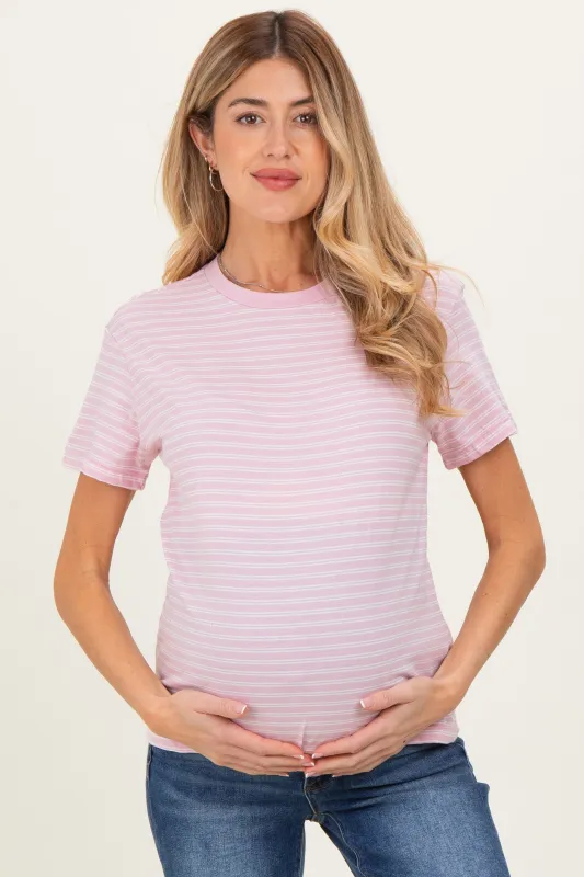 Pink/White Short Sleeve Round Neck Stripe Maternity Tee sold by Pinkblush