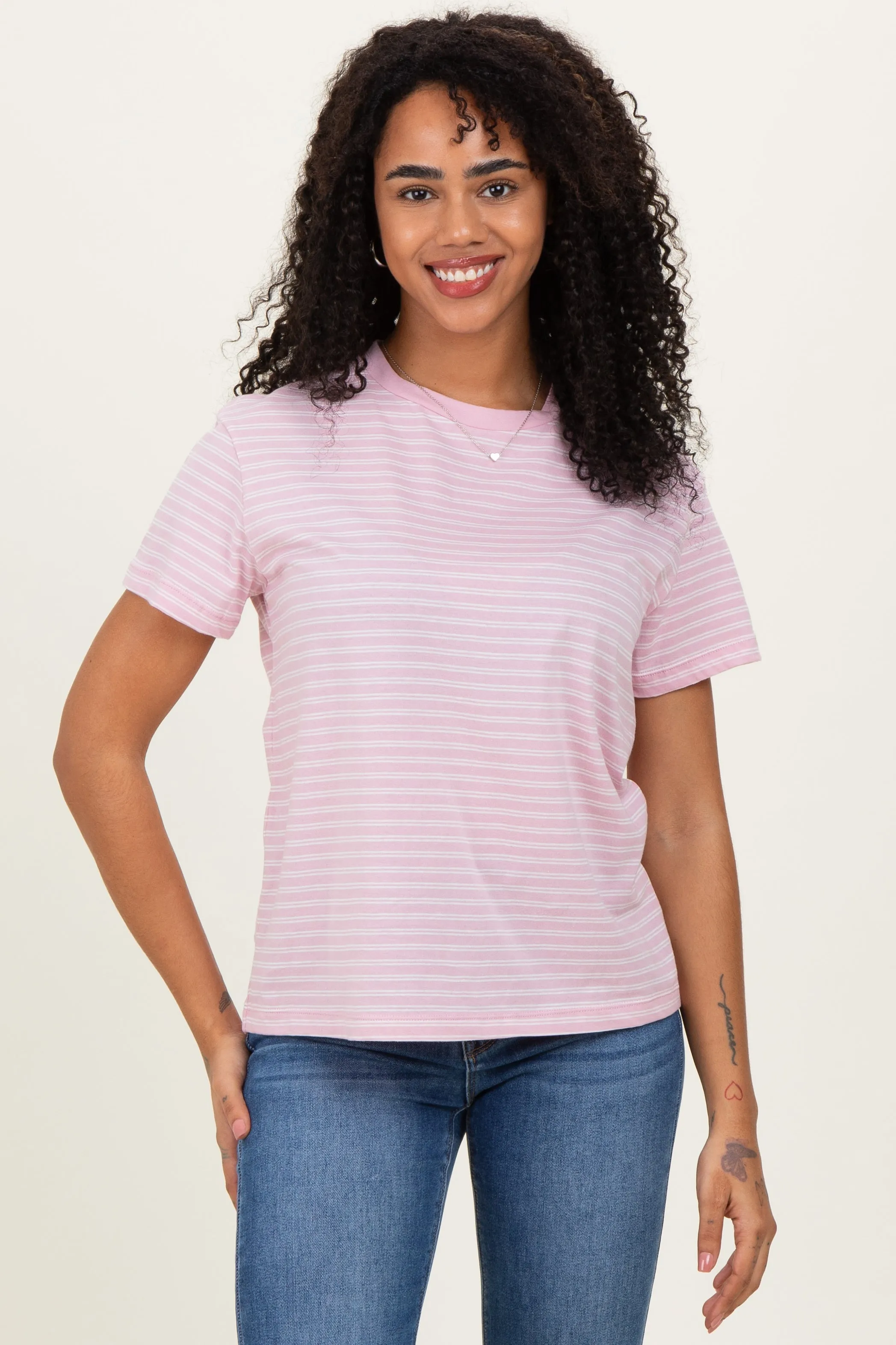 Pink/White Short Sleeve Round Neck Stripe Maternity Tee sold by Pinkblush product image thumbnail 5