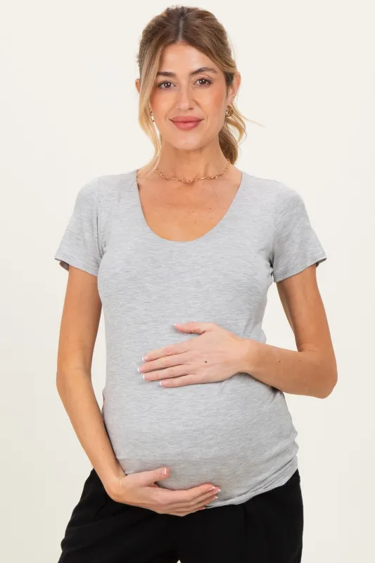 Heather Grey Short Sleeve Scoop Neck Maternity Knit T-Shirt sold by Pinkblush
