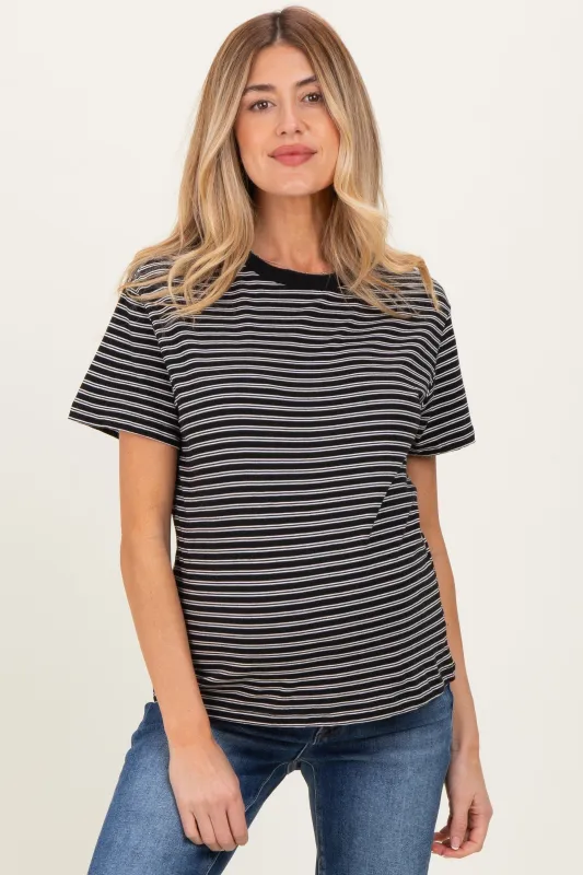 Black/White Short Sleeve Round Neck Stripe Maternity Tee sold by Pinkblush