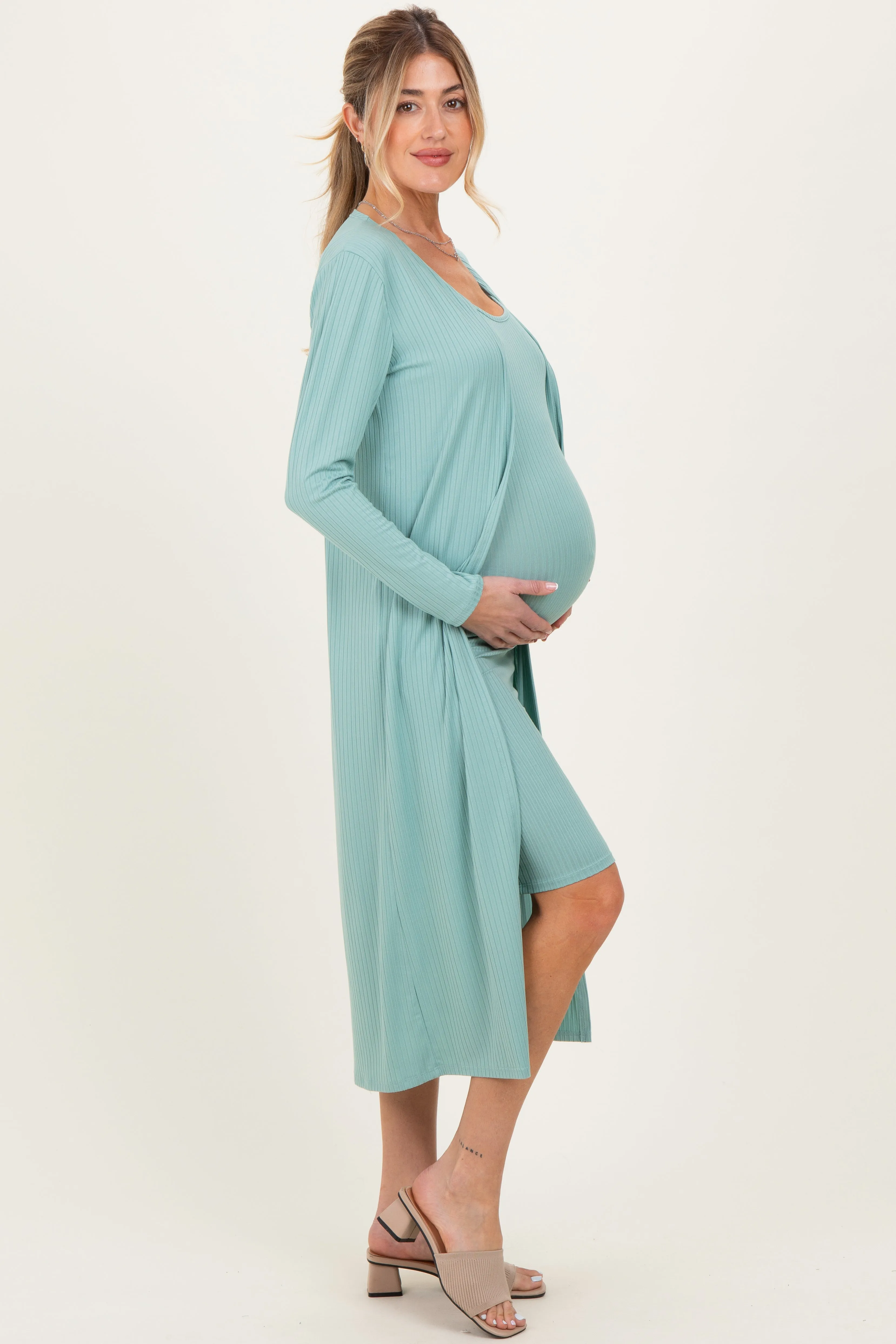 Sage Ribbed Cardigan 2 Piece Maternity Set sold by Pinkblush product image thumbnail 3